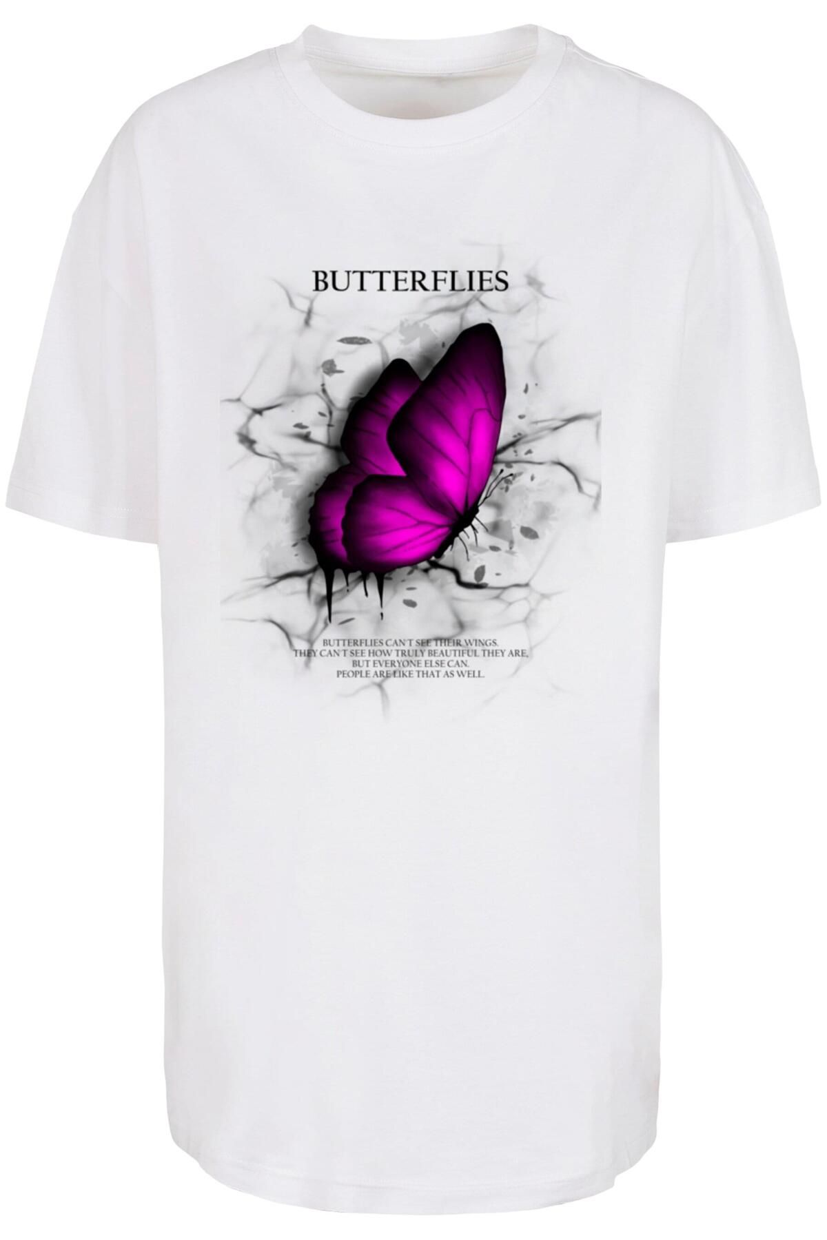 Merchcode Trendyol Ladies Oversized Tee Butterflies Boyfriend - Damen