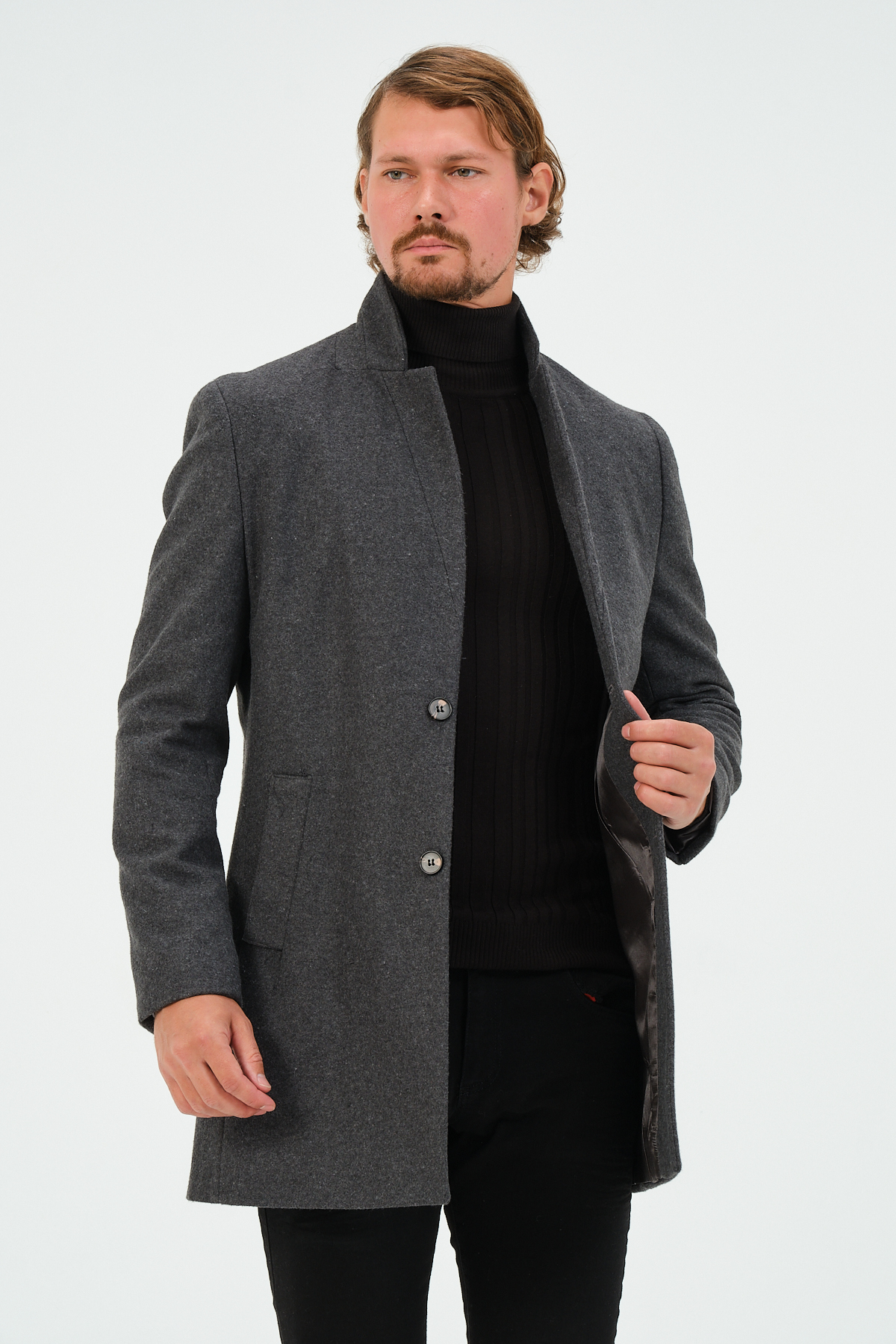 Antrasit Erkek Slim Fit Regular Kaşe Kaban — خاکستری 1043 — تصویر 5 از 8