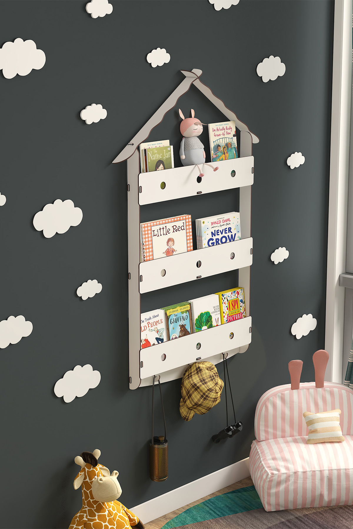 Mingitav Maison Çatılı Askılı Ahşap Eğitici Montessori Çocuk Odası Kitaplık fotoğrafı 3 (önizleme)