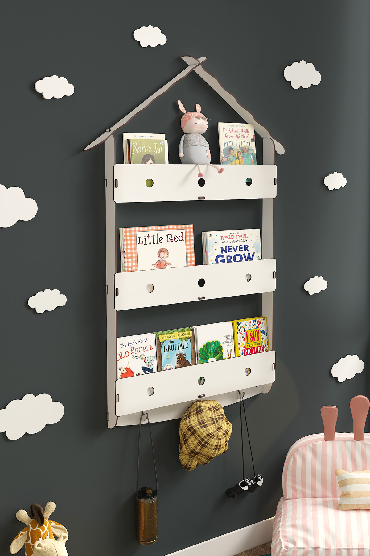 Mingitav Maison Çatılı Askılı Ahşap Eğitici Montessori Çocuk Odası Kitaplık