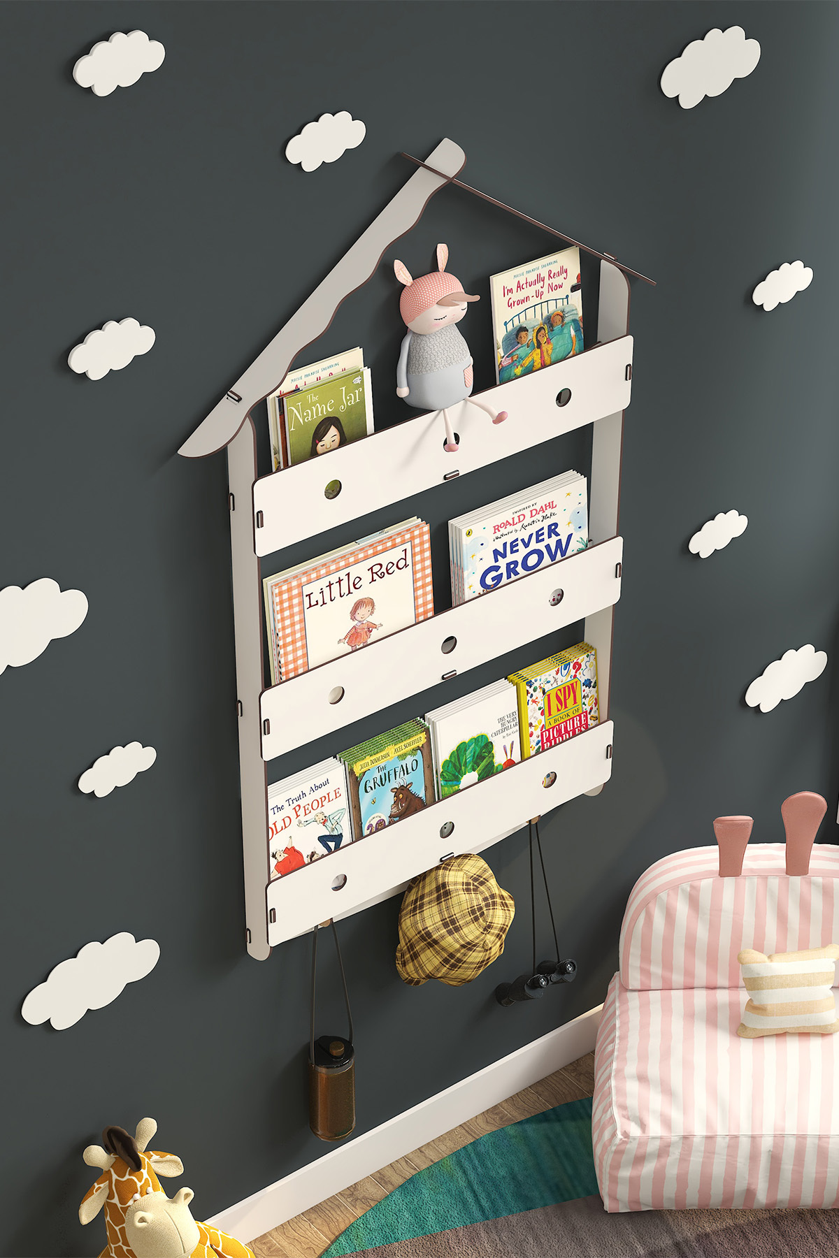 Mingitav Maison Çatılı Askılı Ahşap Eğitici Montessori Çocuk Odası Kitaplık fotoğrafı 5 (önizleme)