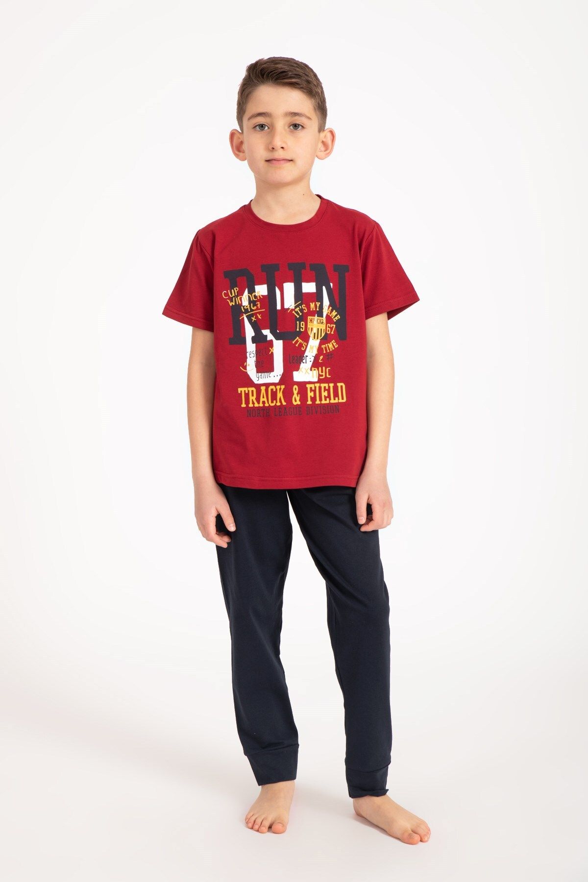 Pemilo Boy s 9005 Patterned Short Sleeve Pajama Set Claret Red