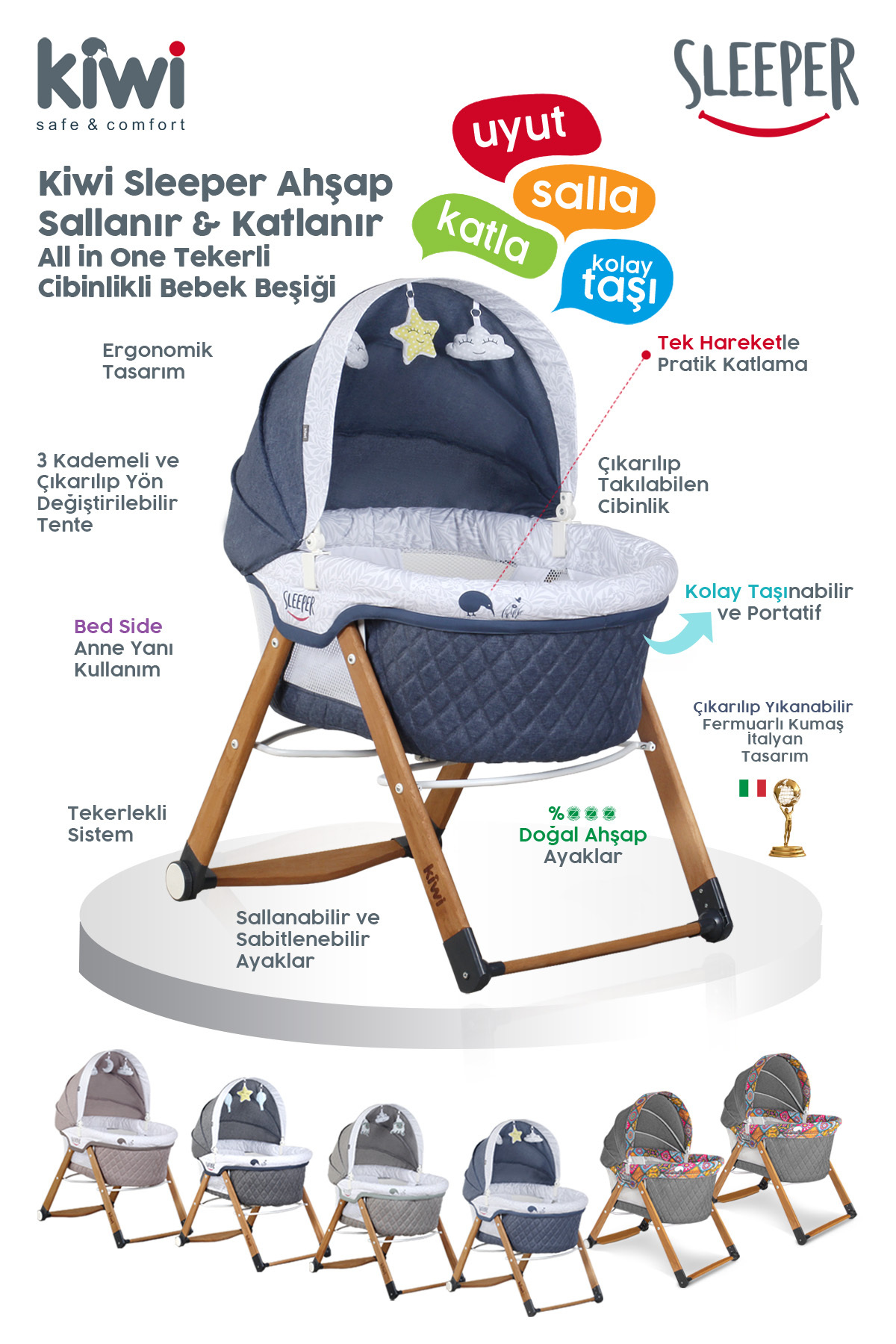 Kiwi Sleeper Anne Yanı Reflü Ayarlı Park Yatak Tekerli Katlanır Ahşap Beşik- Gri fotoğrafı 4 (önizleme)