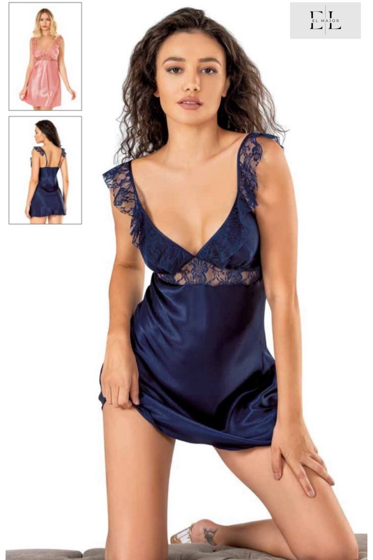 El Major Lacivert Kısa Saten Gecelik