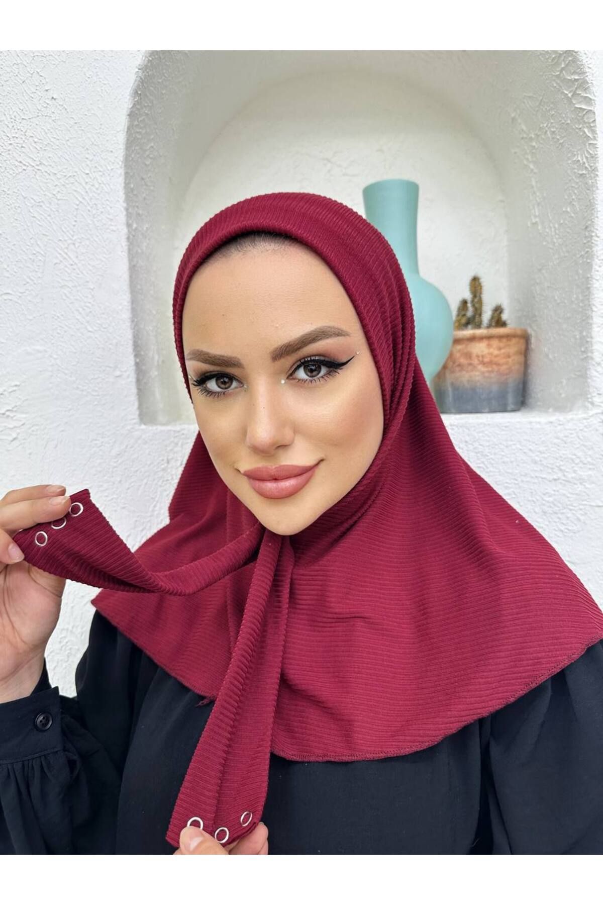 useev Ready made Shawl Striped Snap Fastener Burgundy Cotton Shawl Hijab Bonnet Practical Scarf Hp0001