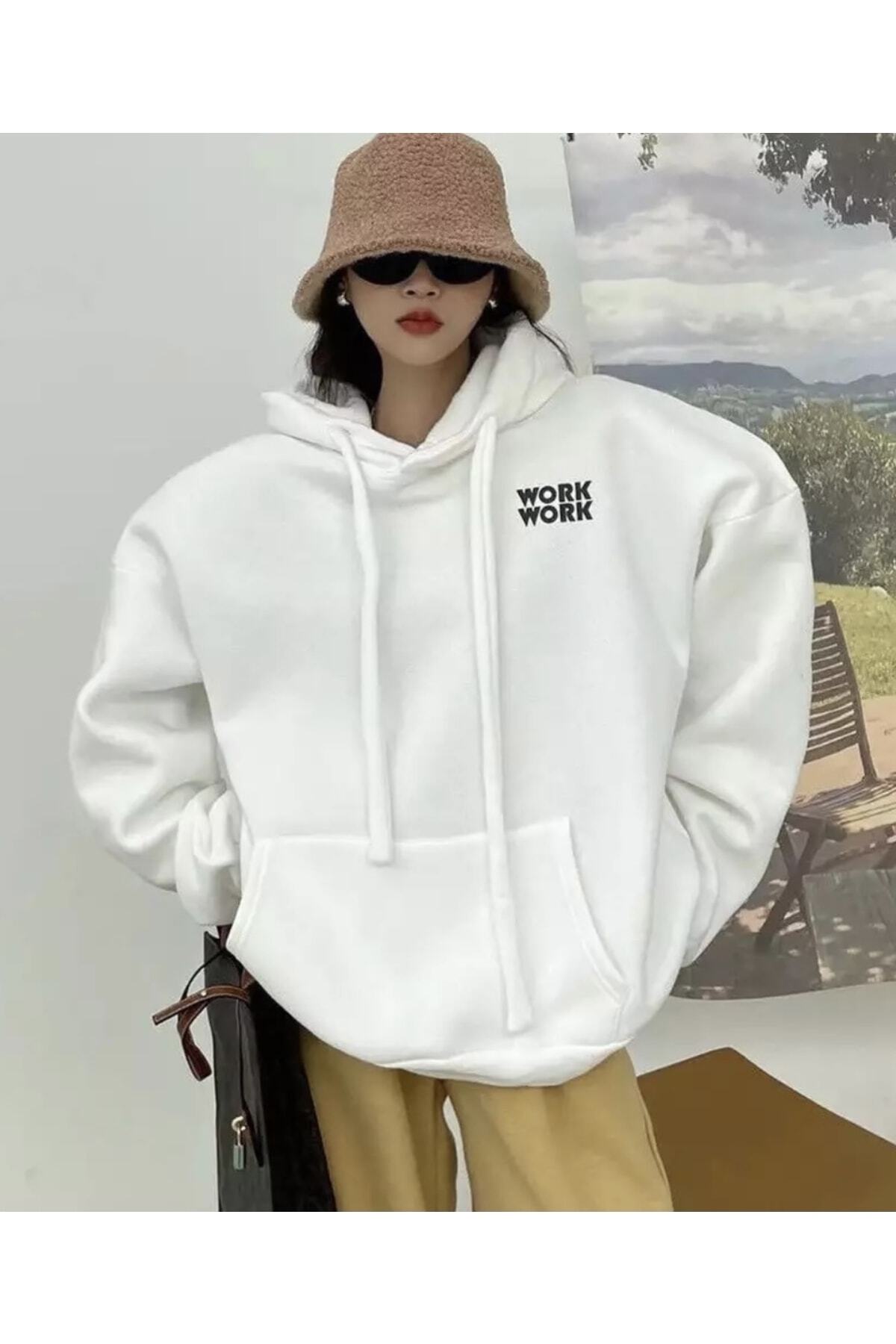 Tarzsokak Büyük Beden Kapüşonlu Work Work Baskılı Tam Kışlık Geniş Oversize Kadın Sweatshırt Beyaz görsel 3