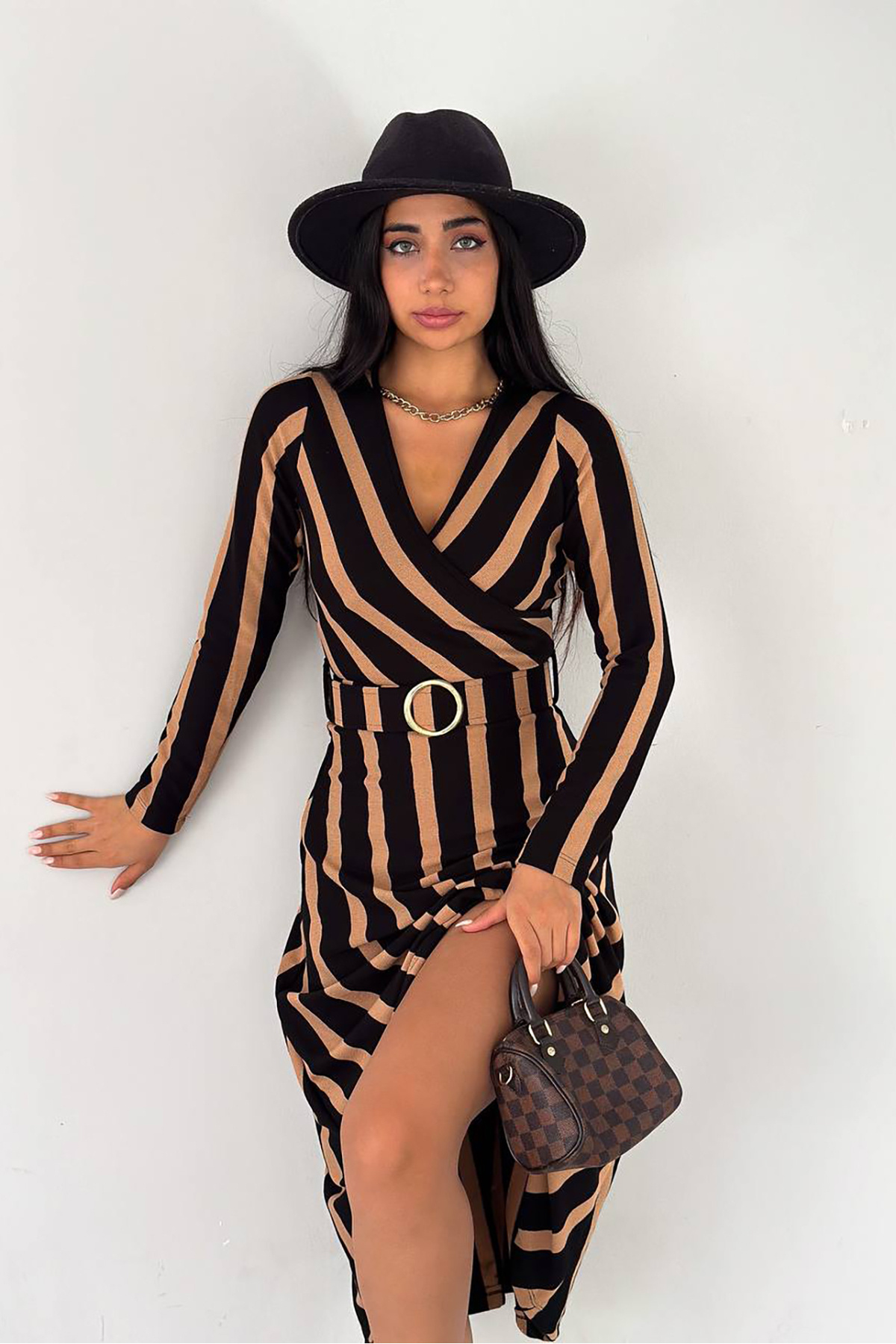 women's belted midi stripe dress KKLF48