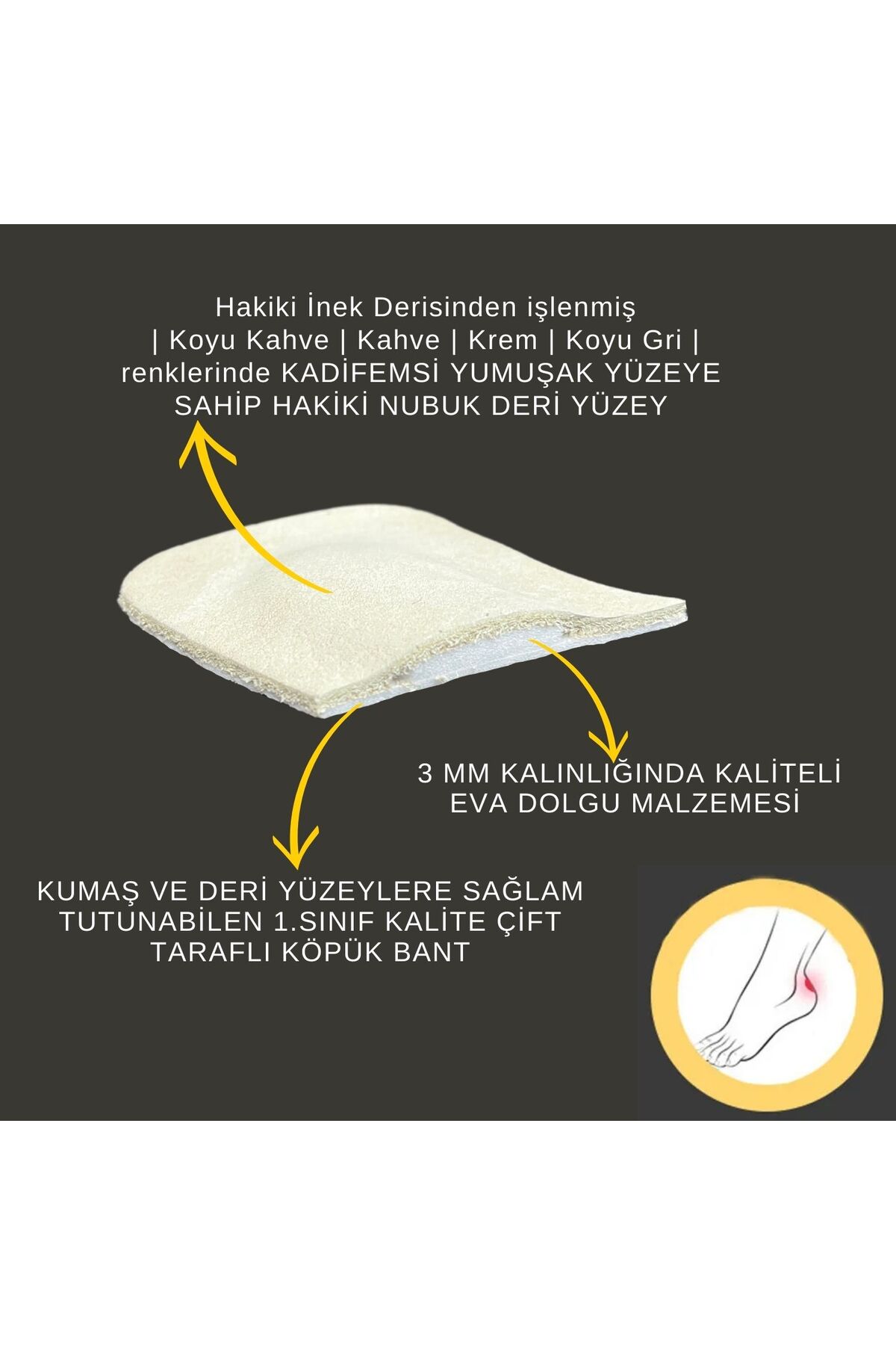 Kahve- Ayakkabı Topuk Vurma Önleyici Deri Ped, Sağlıklı Doğal, Kendinden Yapışkanlı, Dolgulu, 1 Çift 7