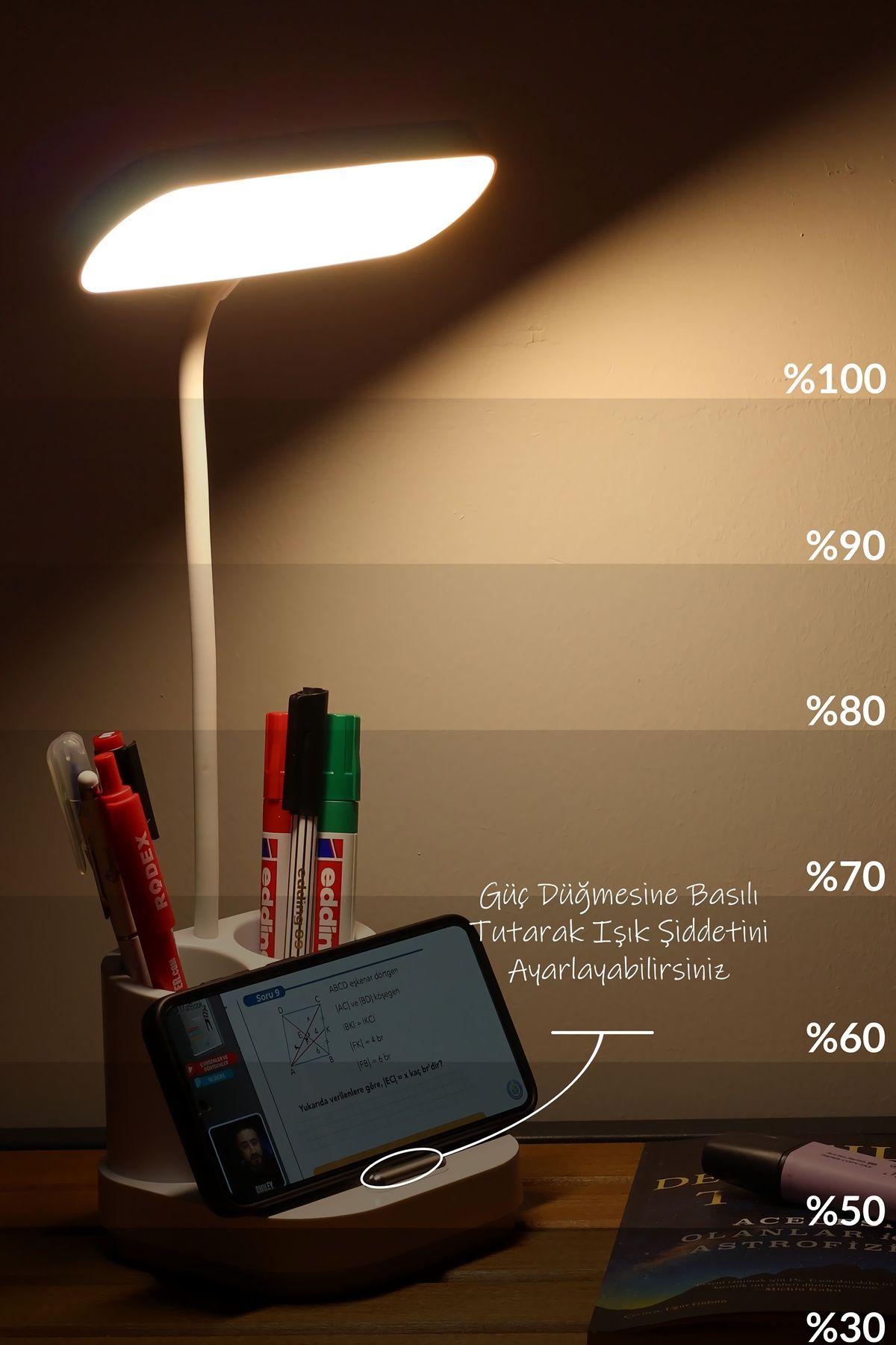 Şarjlı Dokunmatik 20 Led Flexible Masa Lambası 3 Renk Telefon Standlı Kademeli Çalışma Okuma Işığı