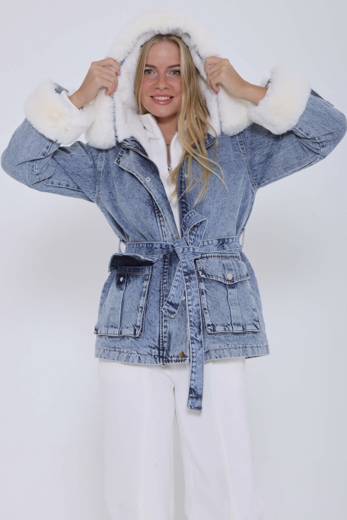 Women's Fur Detailed Blue Denim Coat