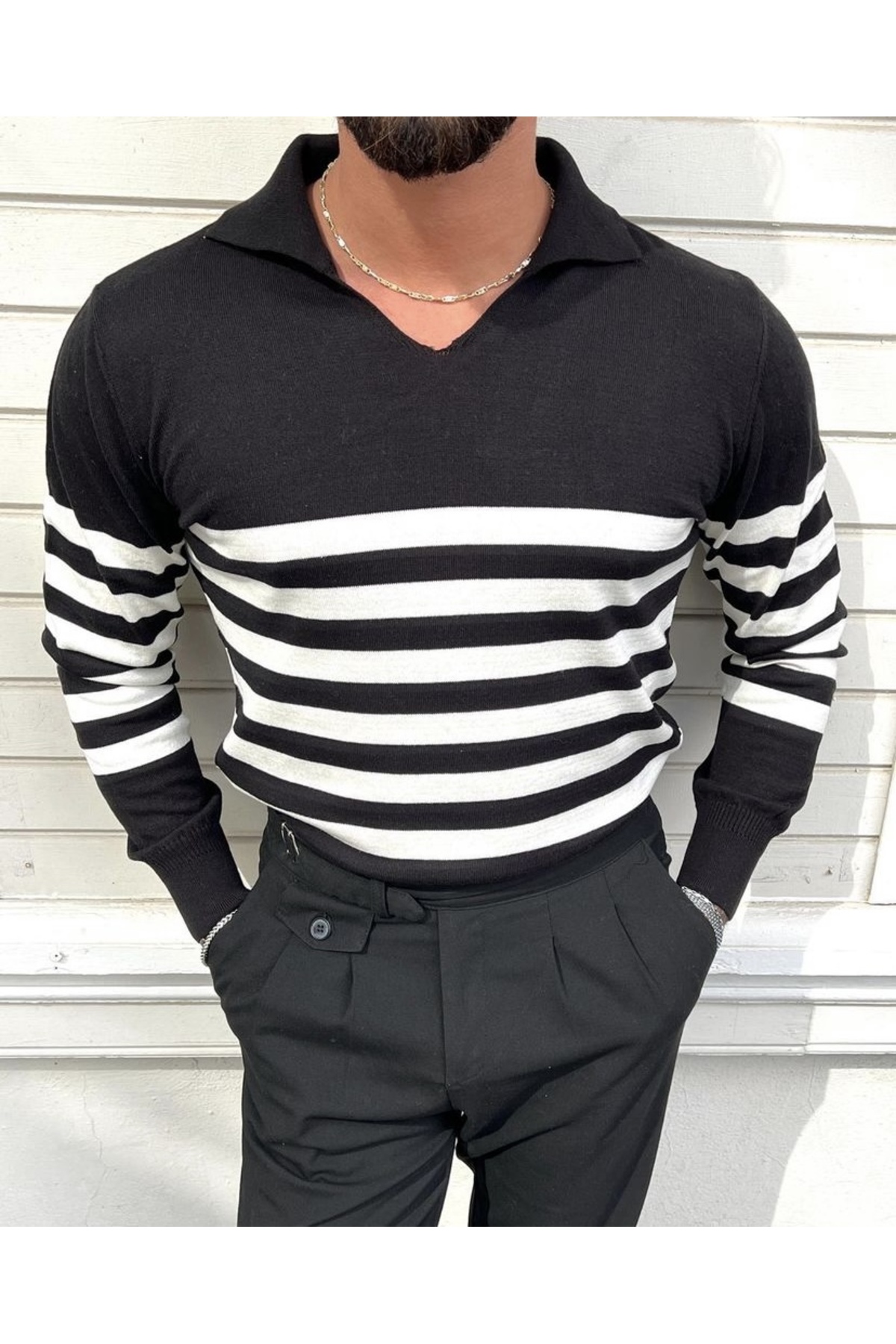 Black Men's Striped Polo Neck Knitwear Sweater