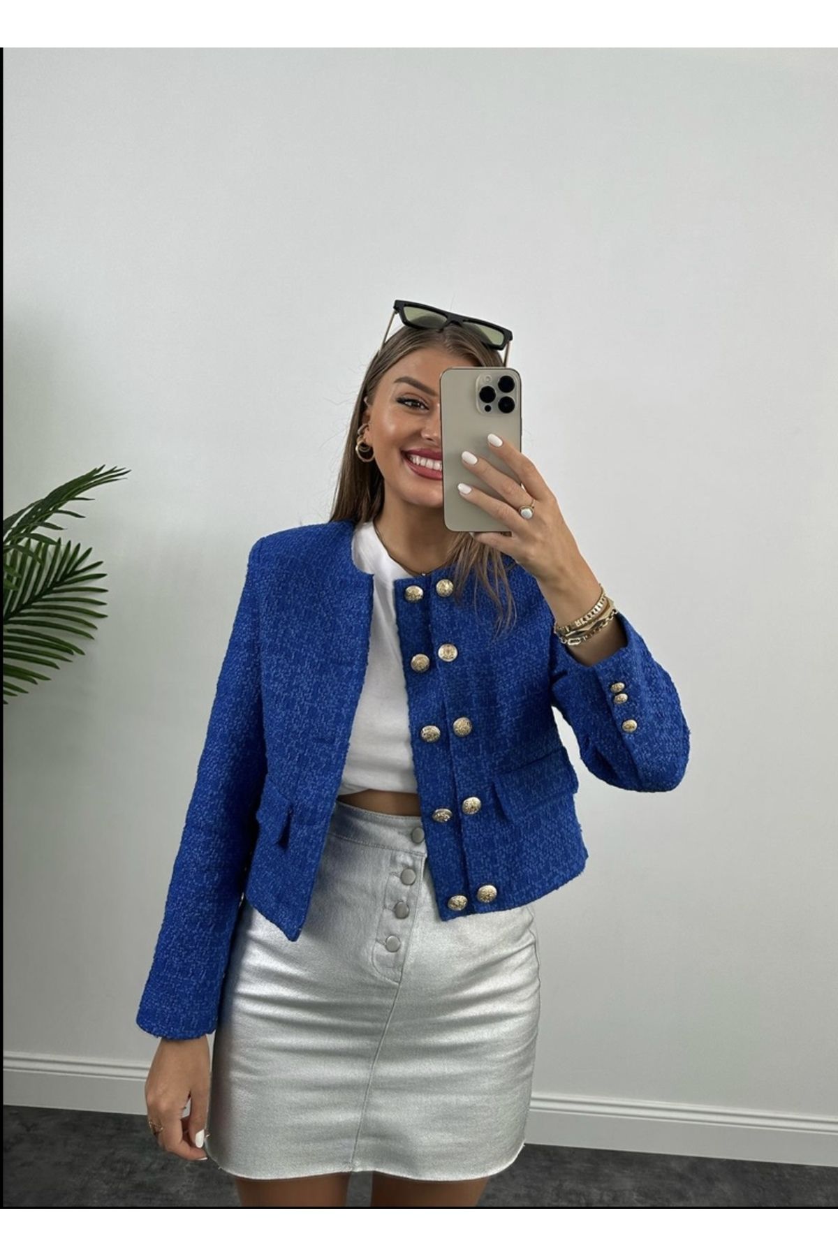 manana fashion Blue Gold Buttoned Short Tweed Jacket Luxury quality