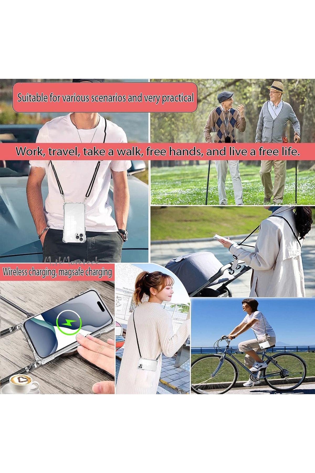 m.tk moveteck-iPhone 15 Pro Max Case Corner Protection Transparent Silicone Neck and Shoulder Strap Drawstring Phone Bag Rope 2