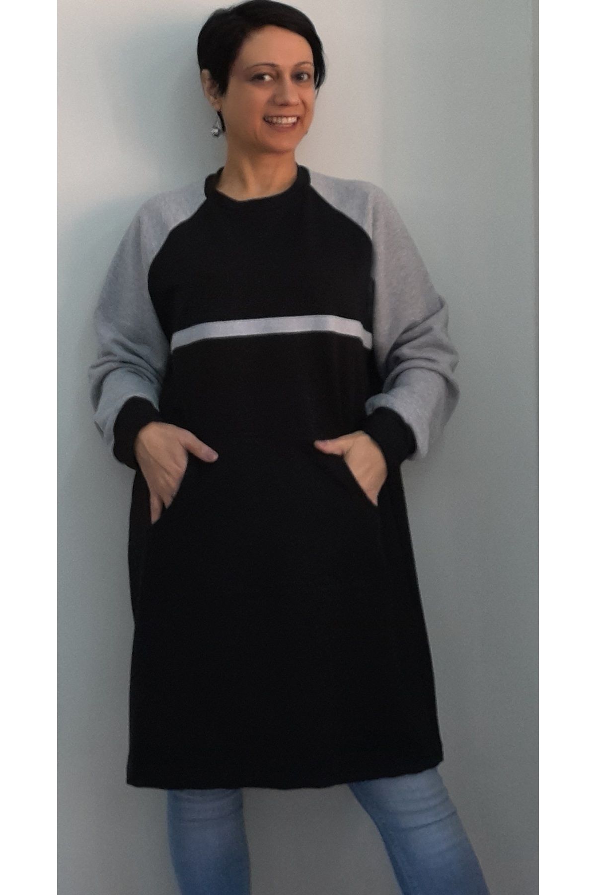 Mertcan Butik-Black 2 thread raised winter gray color block and stripe raglan sleeve kangaroo pocket sweatshirt tunic 2