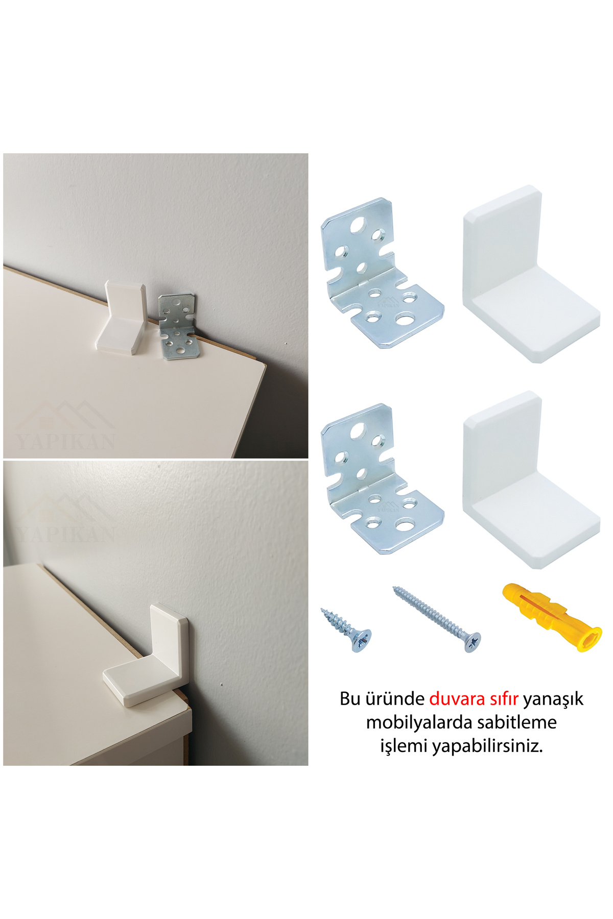 Yapıkan 2 ad. Beyaz Deprem Güvenliği Dolap Sabitleme Aparatı Seti - Mobilya Eşya Duvara Sabitleyici Aparat fotoğrafı 2 (önizleme)