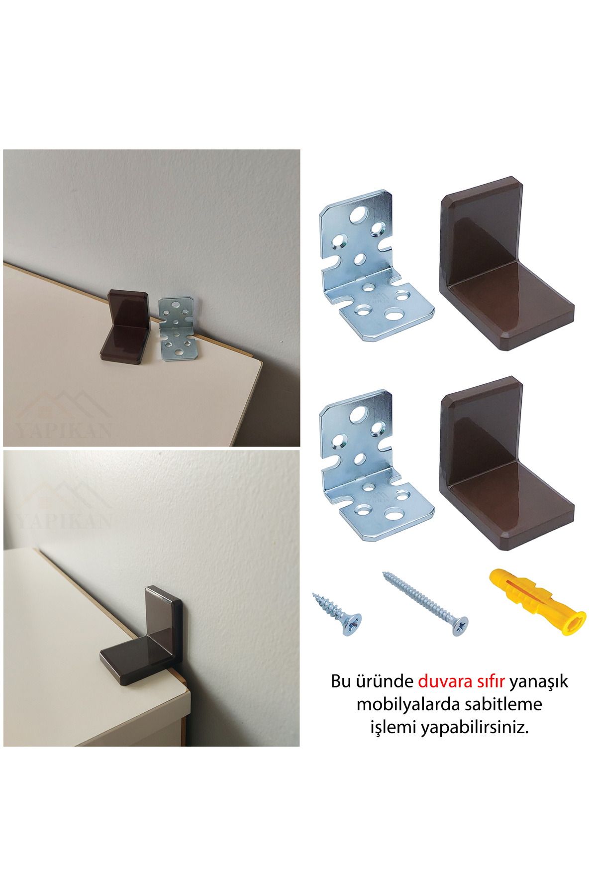 Yapıkan 2 ad Kahverengi Deprem Güvenliği Dolap Sabitleme Seti - Gardırop Portmanto Duvara Sabitleyici Aparat fotoğrafı 2 (önizleme)