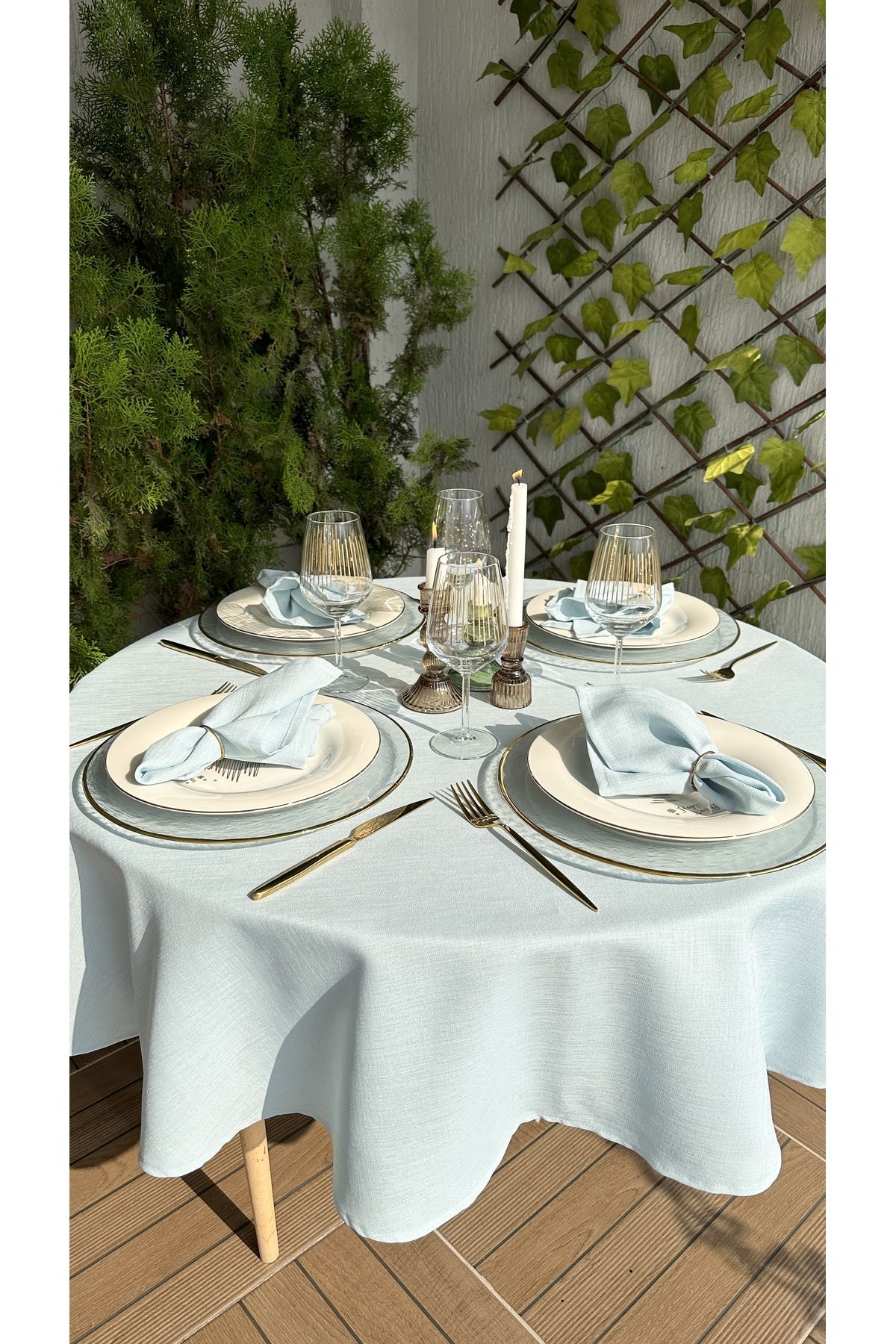 Decamor home-Linen Textured Cloud Blue Round Table Cloth 6