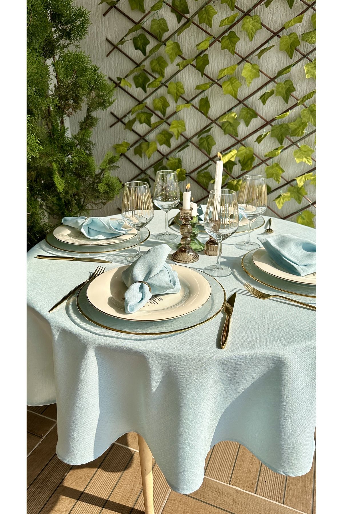 Decamor home-Linen Textured Cloud Blue Round Table Cloth 7