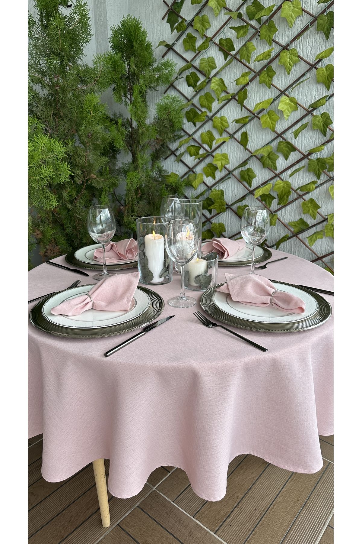 Decamor home-Față de masă rotundă roz pudrat texturată din in 2