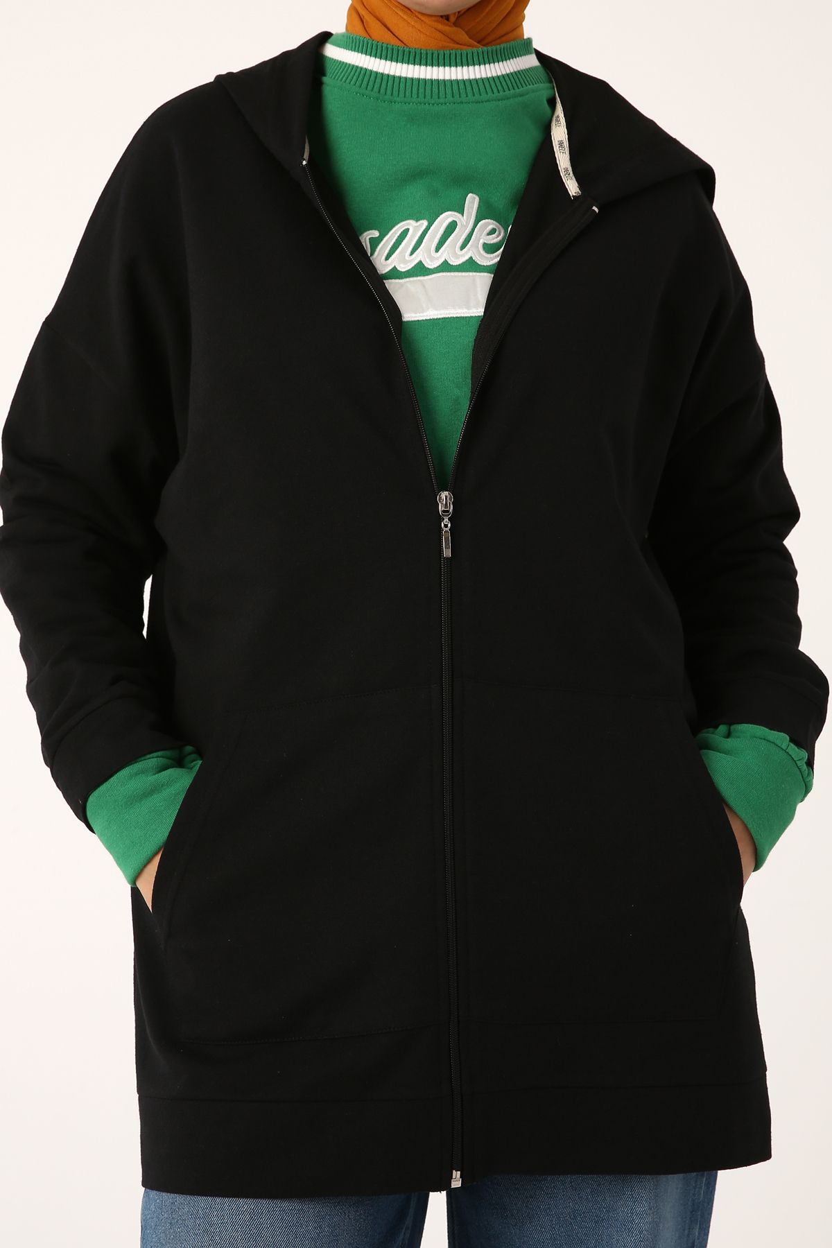Ekrumoda-Schwarze Strickjacke mit Kapuze und Reißverschluss 1