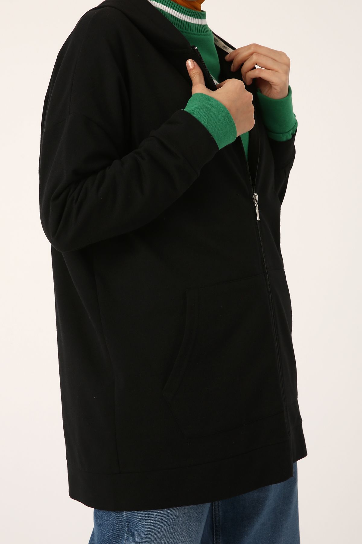 Ekrumoda-Schwarze Strickjacke mit Kapuze und Reißverschluss 3