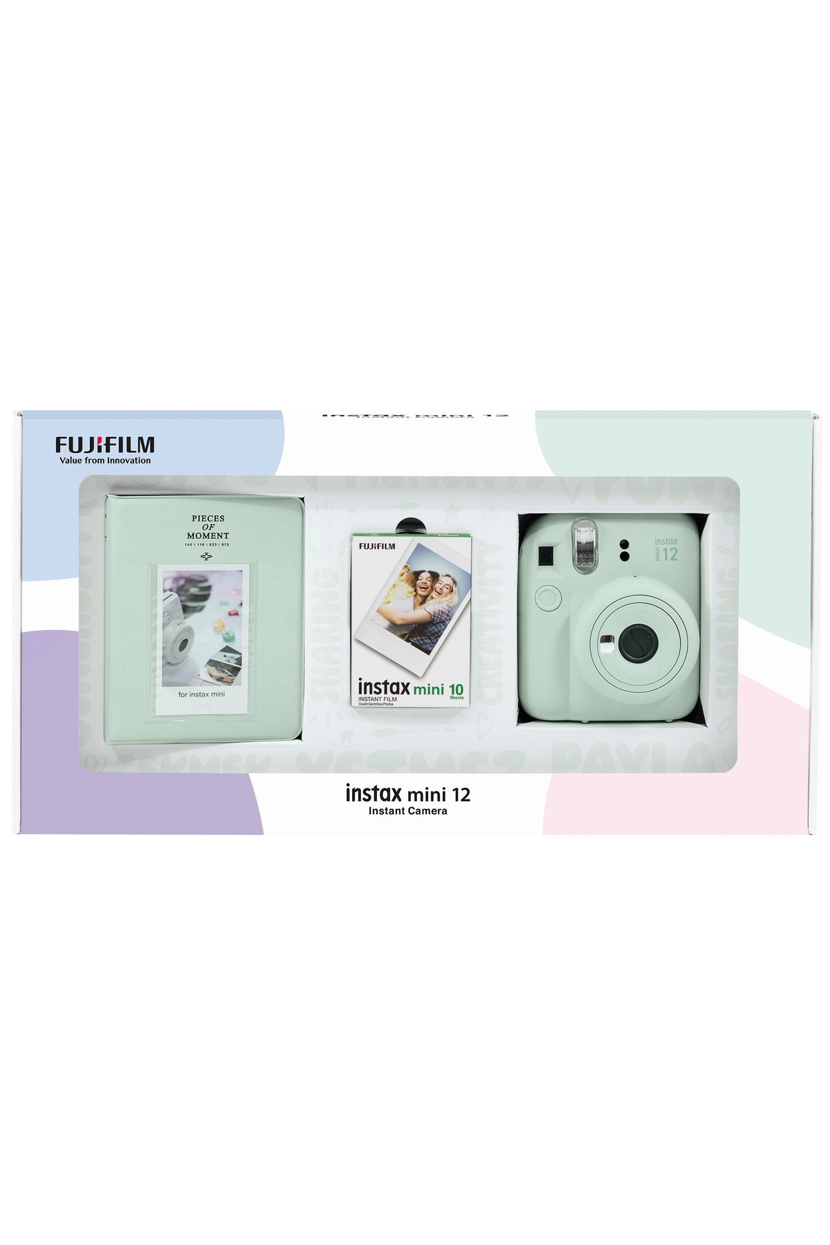 Instax mini 12 Green Camera 10-Piece Film and PVC Album Bundle Box