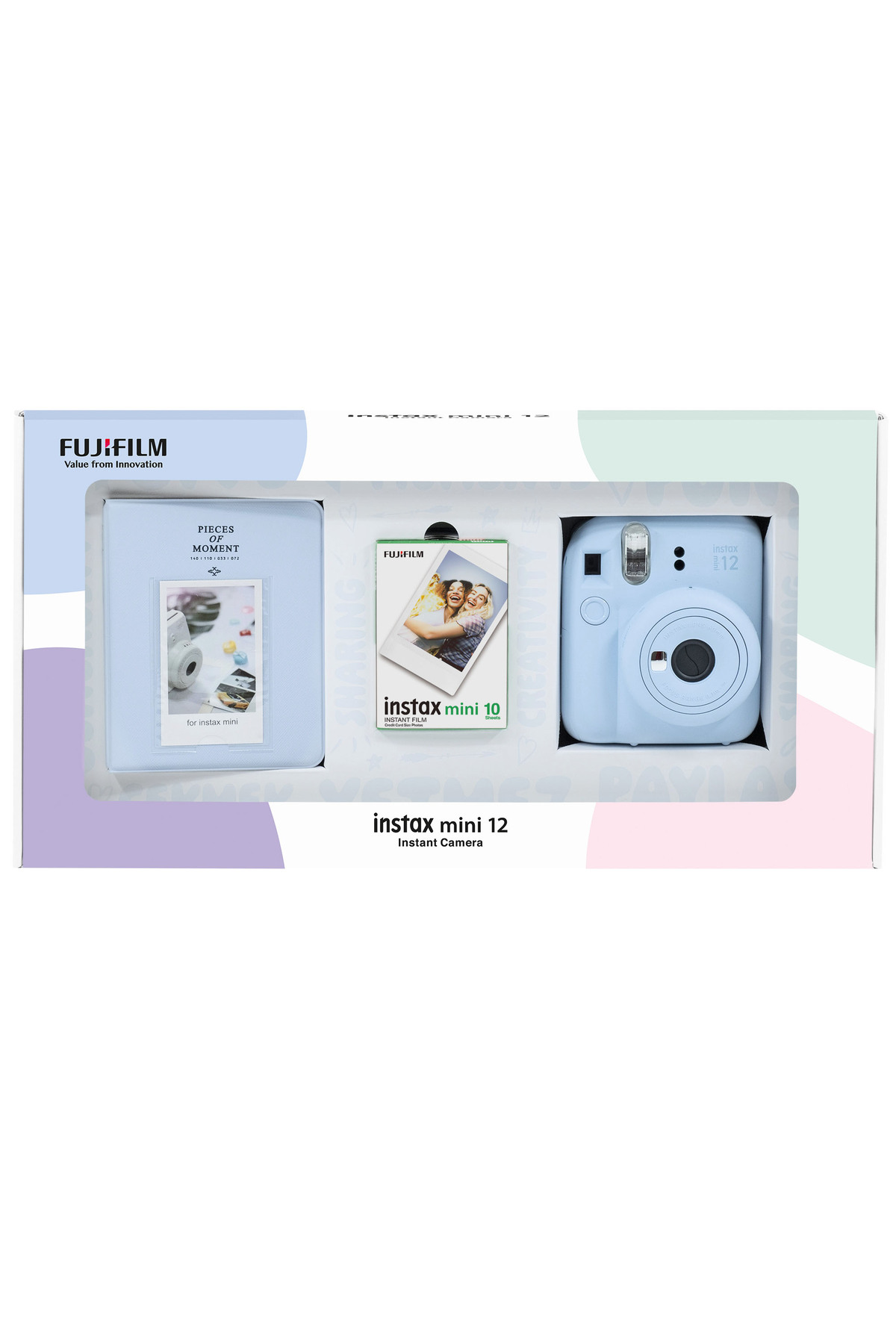 Instax mini 12 Blue Camera 10-Piece Film and PVC Album Bundle Box