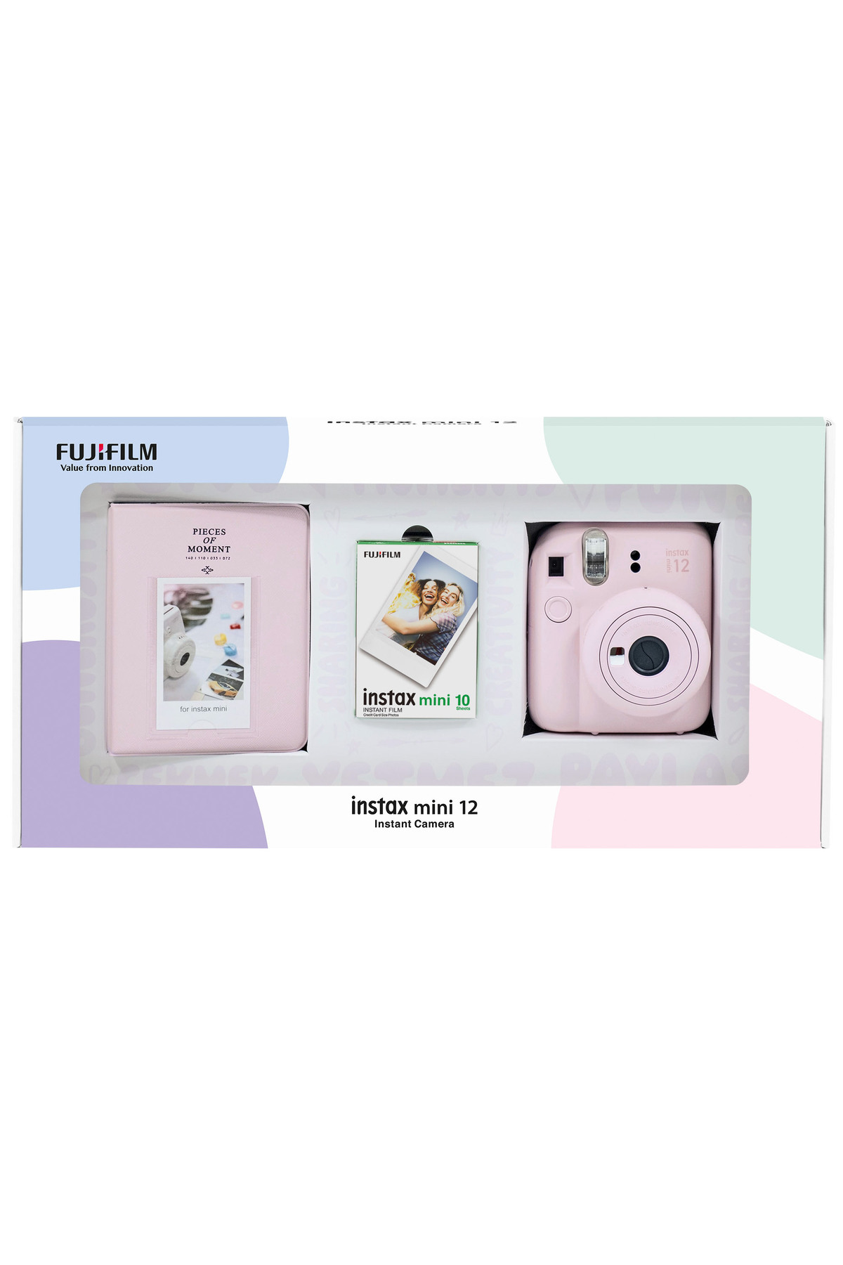 Instax mini 12 Pink Camera 10-Piece Film and PVC Album Bundle Box
