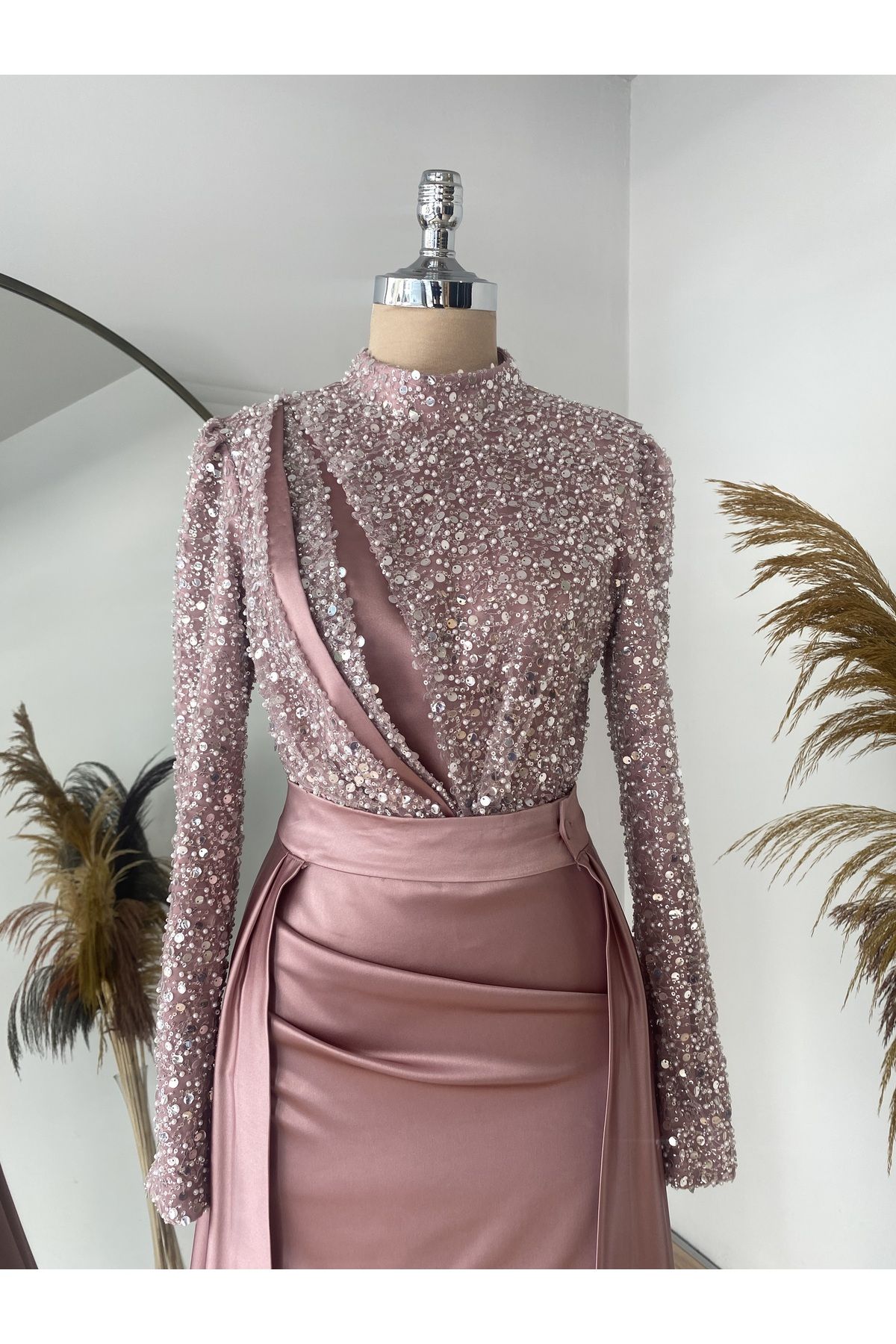 Halezademoda Satin Drape and Sequin Detailed Evening Dress Trendyol