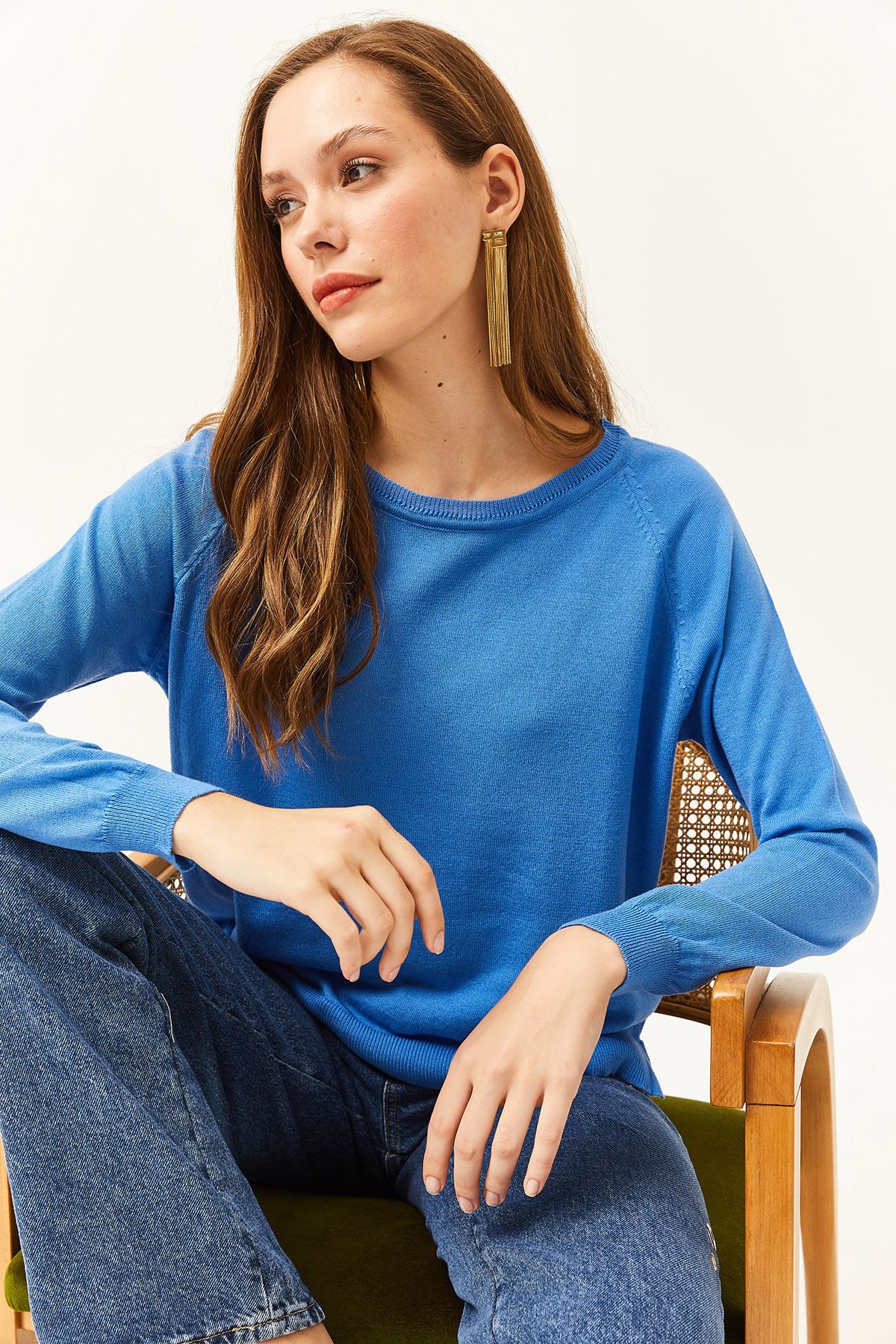Olalook-Women's Blue Crew Neck Striped Cotton Viscose Knitwear Blouse BLZ-19002414 3