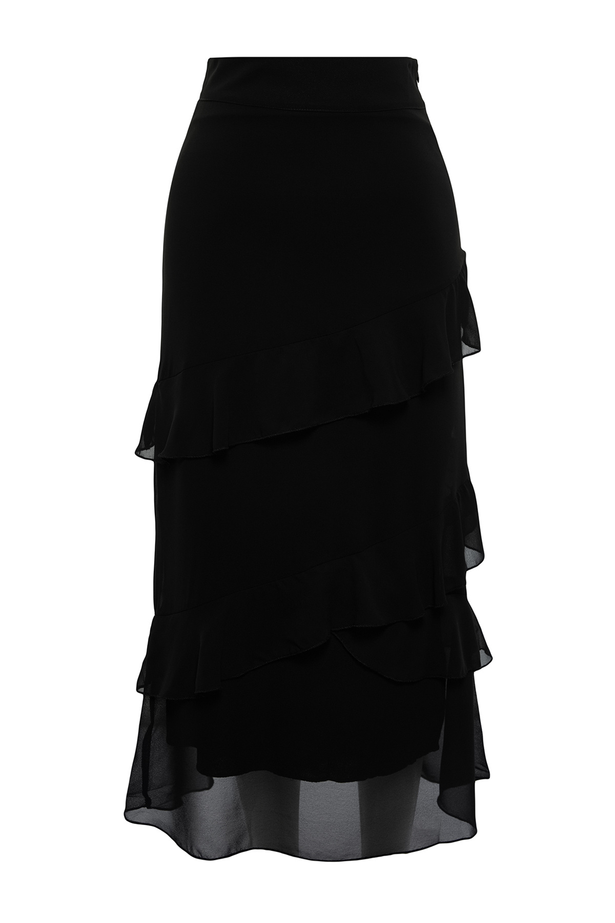 Trendyol Collection-Fustă neagră din șifon midi - Detaliu volantă, țesută, TWOAW24ET00269 7