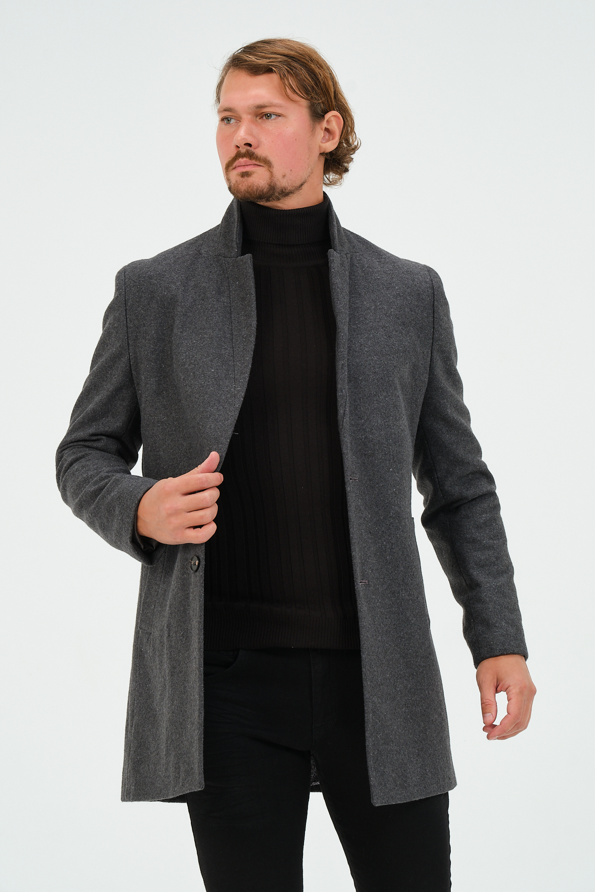 Antrasit Erkek Slim Fit Regular Kaşe Kaban — خاکستری 1043 — تصویر 4 از 8