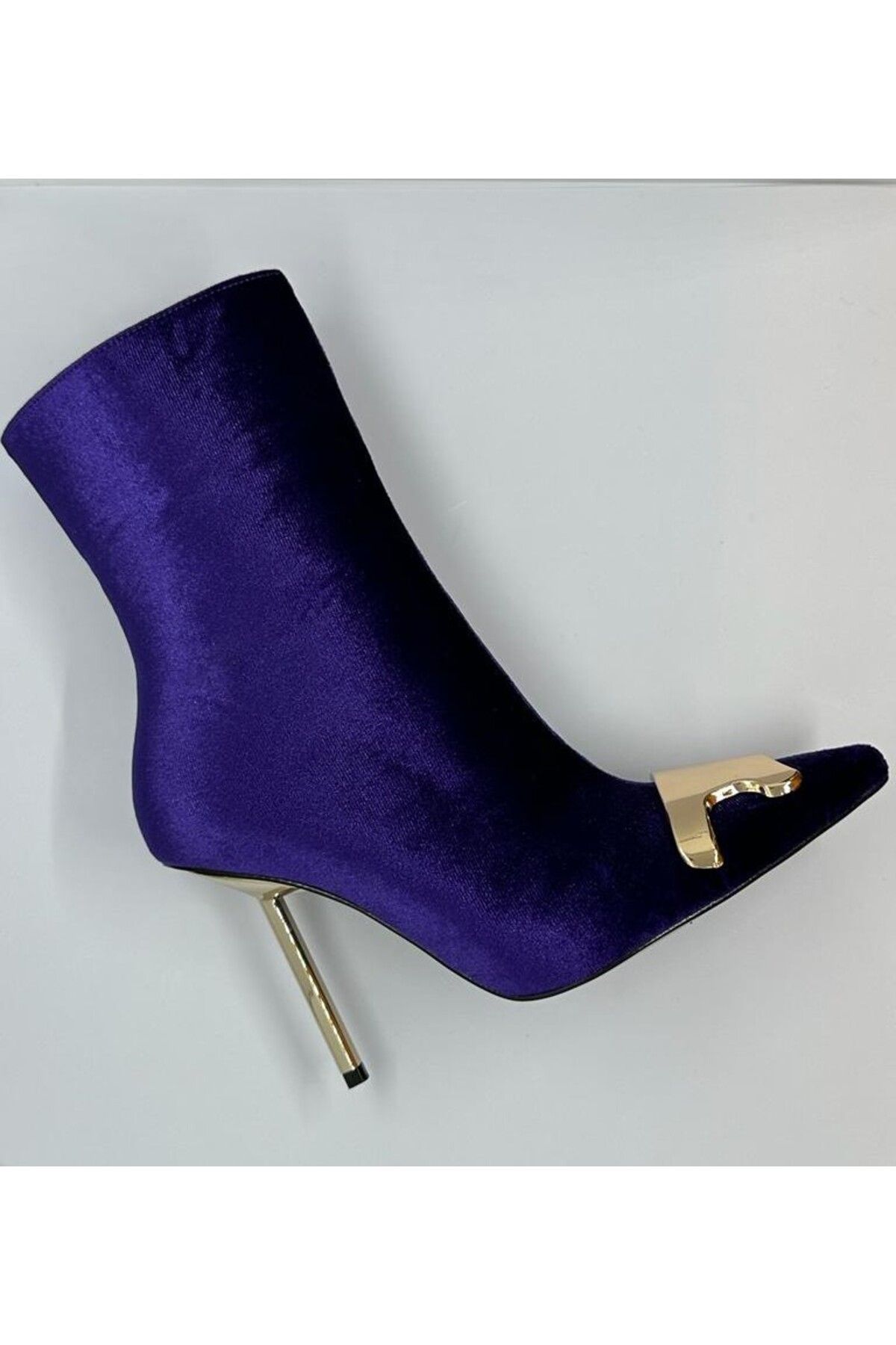 Purple Gold Patterned Suede Heeled Boots Purple Trendyol