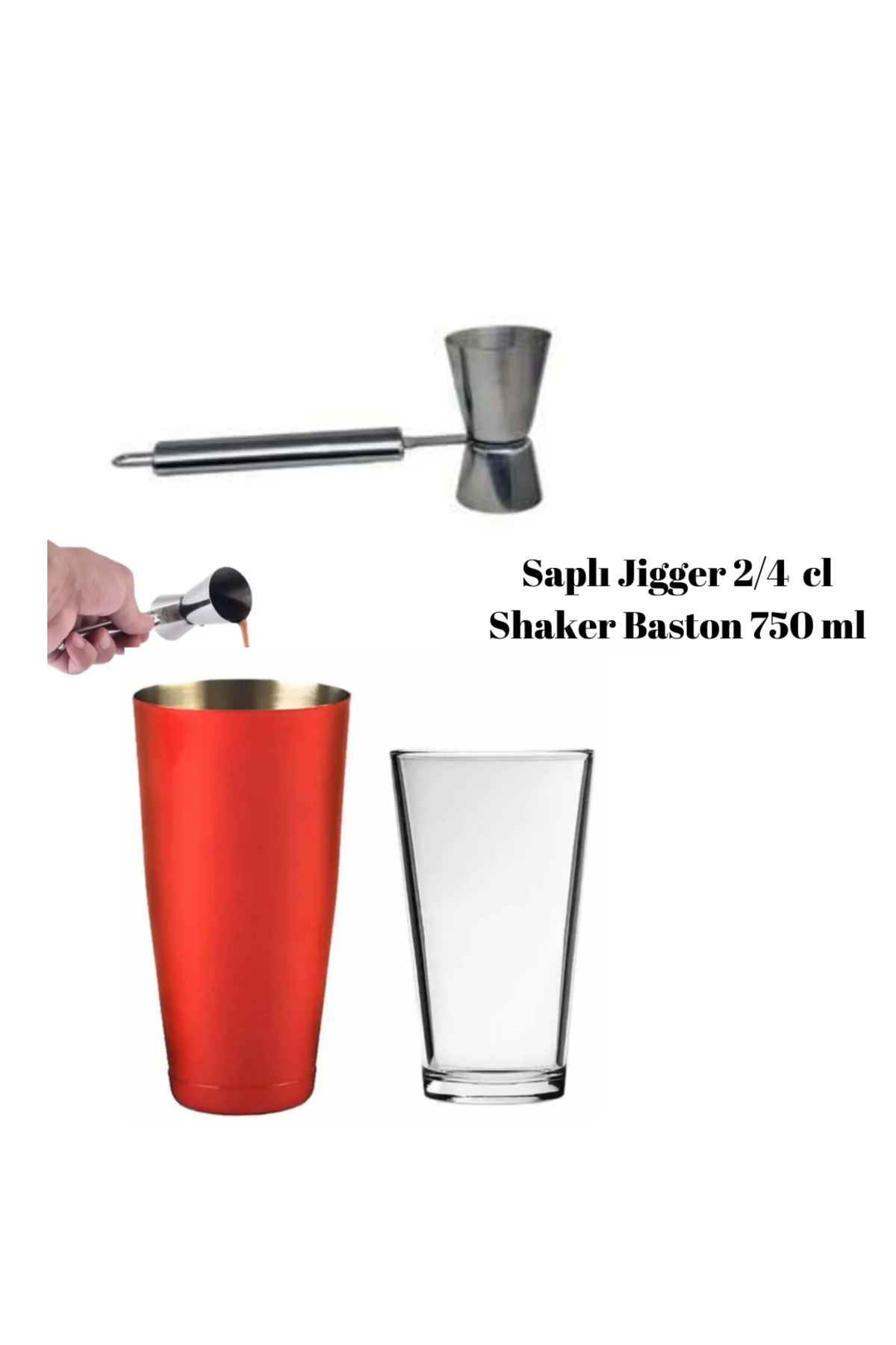 adin tasarım Saplı Jigger 2/4 cl + Baston Shaker 750 ml Seti Kokteyl