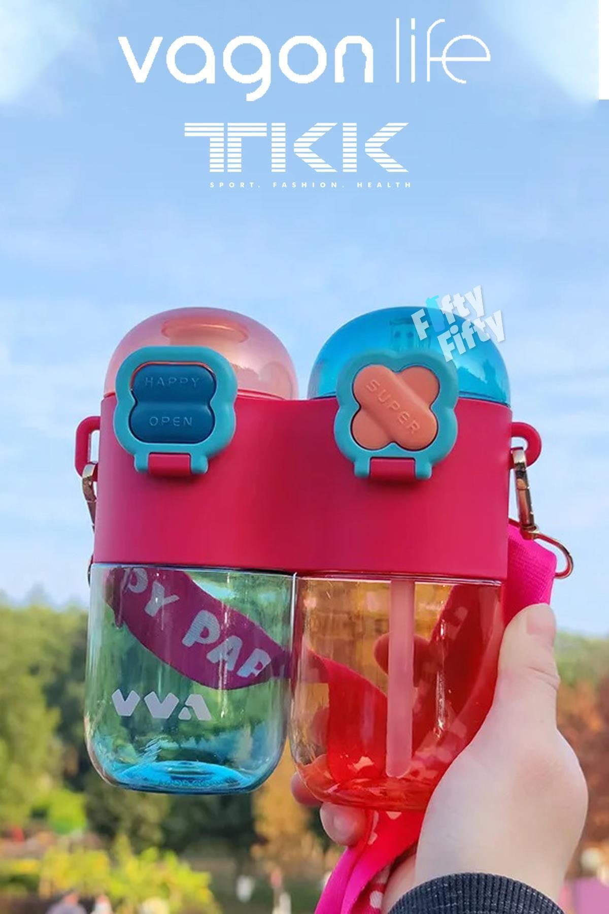 Vagonlife-TKK Single Body Double Bowl 2*400 800ml Liquid Capacity with Neck Strap with Straw / Comfortable Drinking Tritan Flask 6