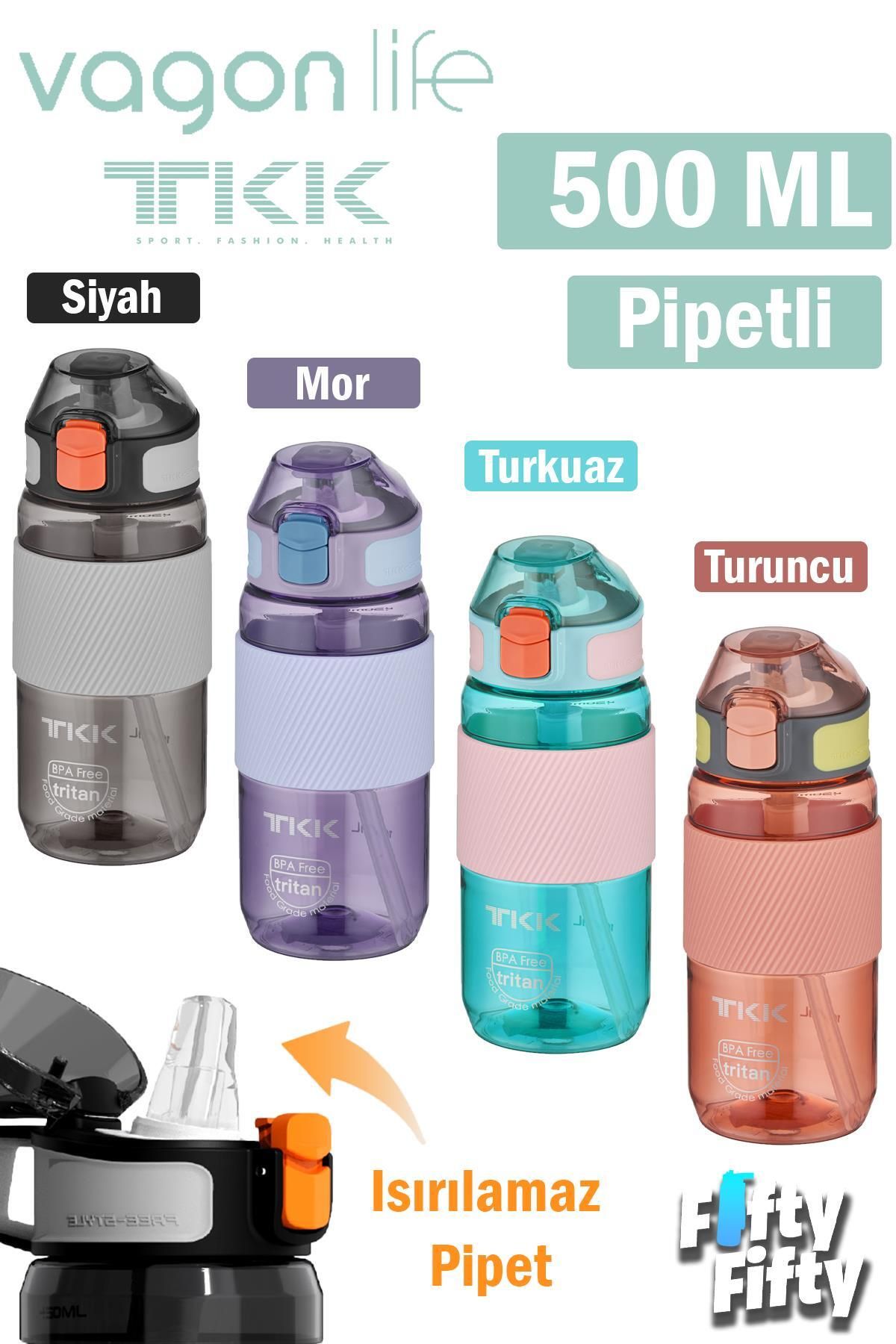 Vagonlife-TKK 500 ML Thick Non-Bite Straw Bpa-Free Tritan Water Flask with Carrying Handle FFTKK1003-500ML 7