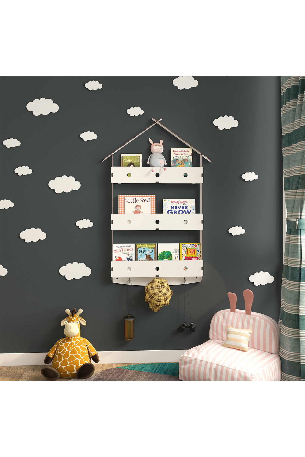 Mingitav Maison Çatılı Askılı Ahşap Eğitici Montessori Çocuk Odası Kitaplık fotoğrafı 2 (önizleme)
