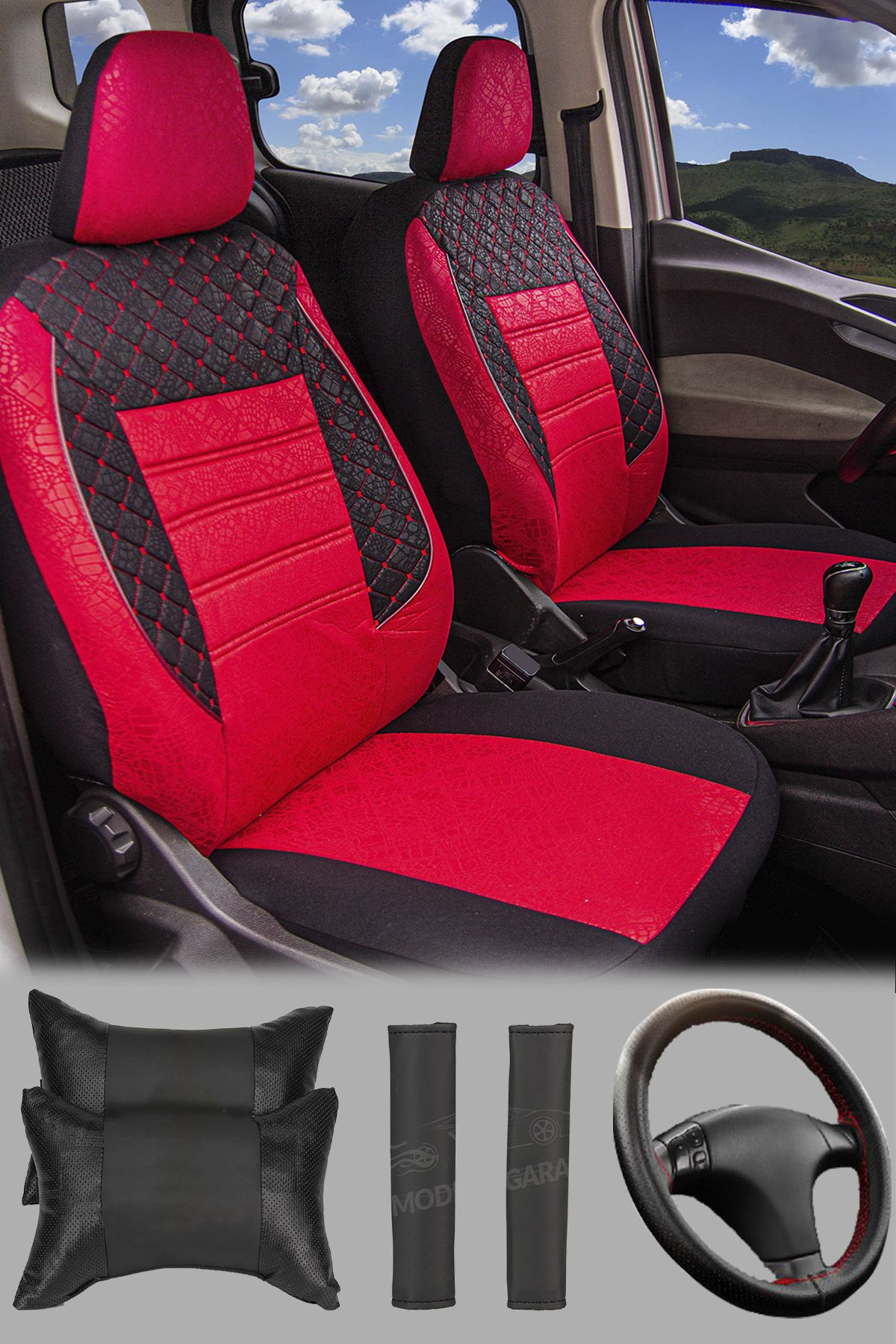 Ford Connect, Focus, Fiesta, Escort Uyumlu Kırmızı Gofrajlı Oto Koltuk Gofrajlı Spor Kılıf Seti Boyu