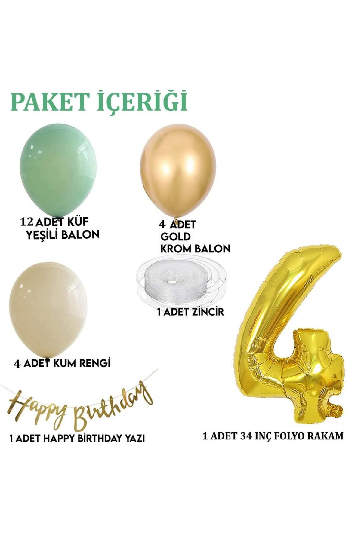 Patladı Gitti-4 Year Old Mold Green Sea Sand and Chrome Gold Balloon Concept Birthday Set 2