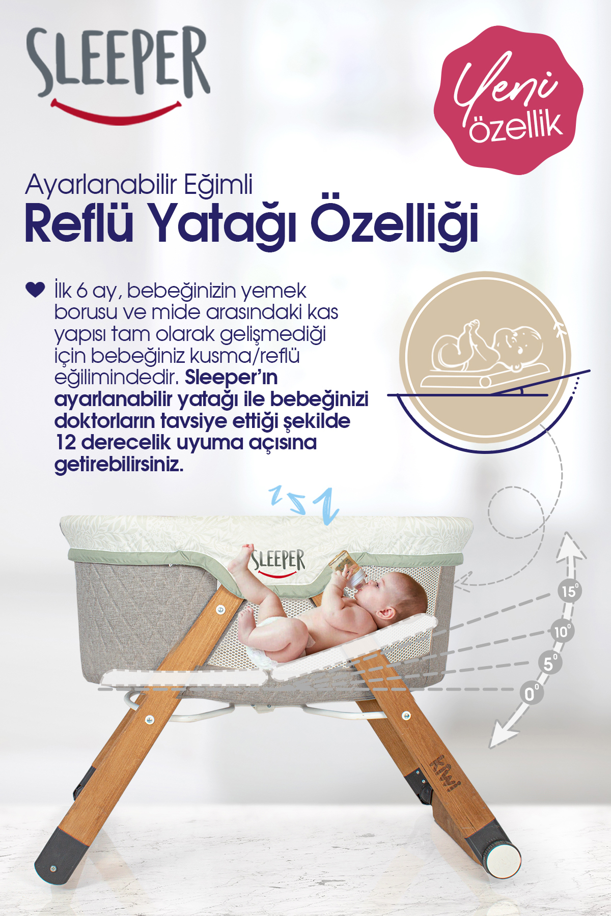 Kiwi Sleeper Anne Yanı Reflü Ayarlı Park Yatak Tekerli Katlanır Ahşap Beşik- Vizon fotoğrafı 6 (önizleme)