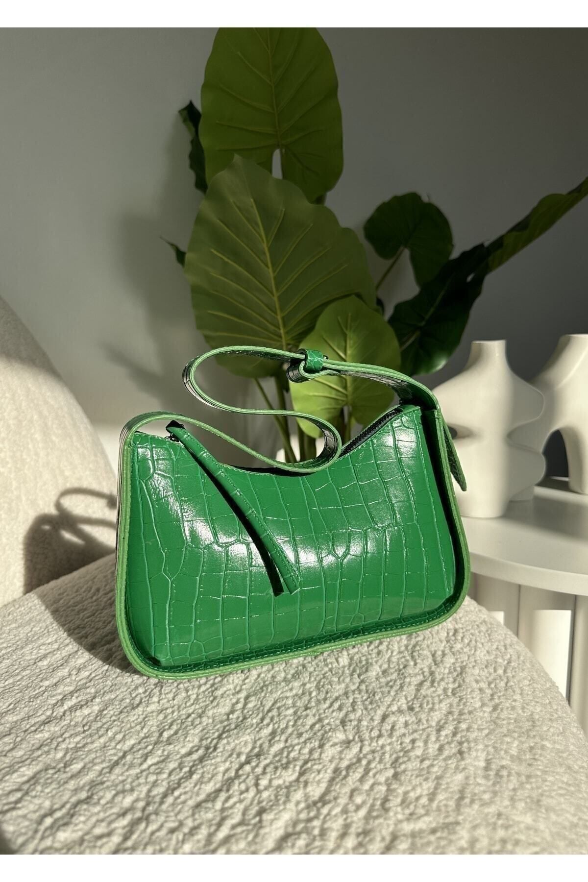 Green croc online baguette bag