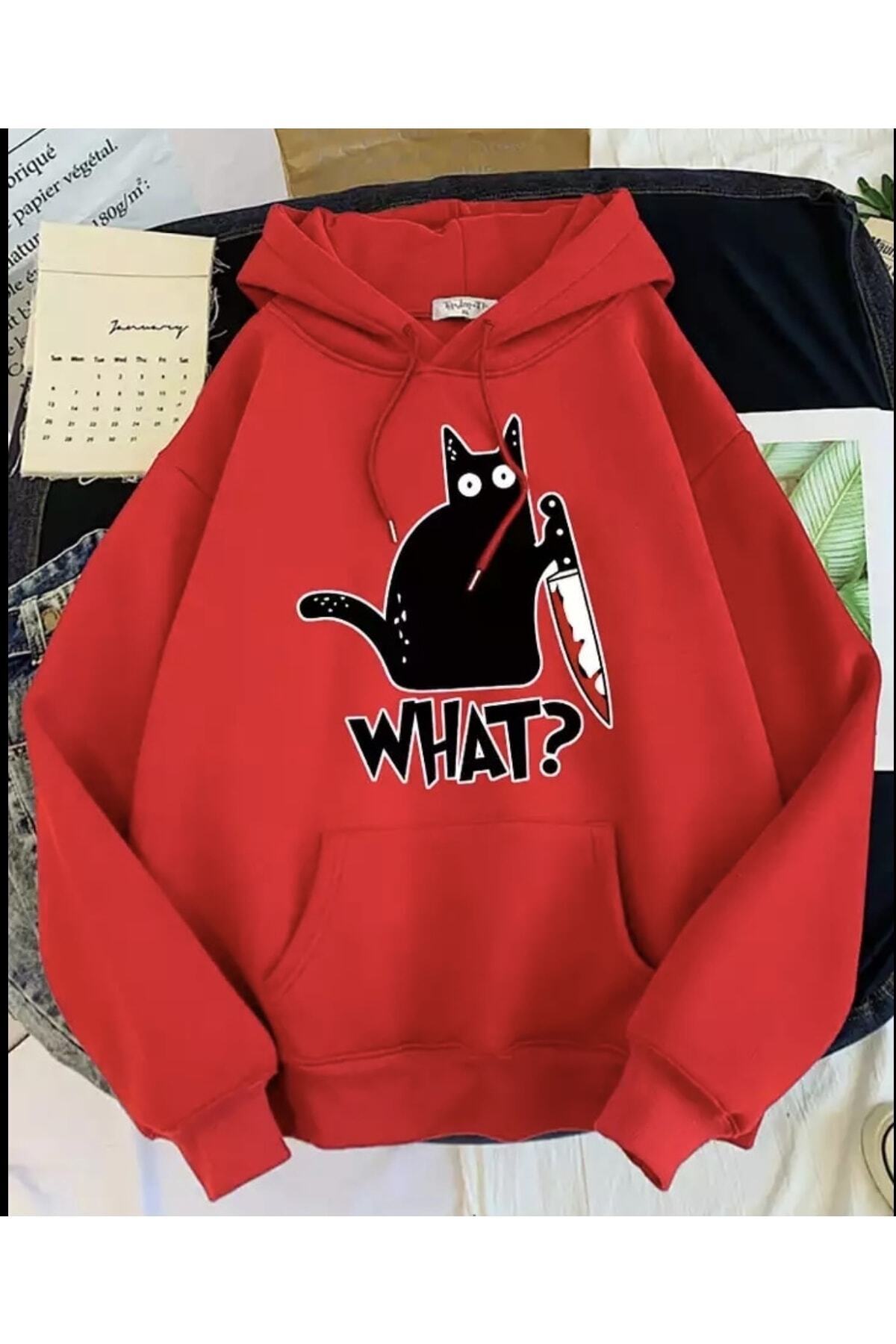 Custom Design Hooded What ? Cat Printed 100% Cotton Super Oversize Women's Sweatshirt Red