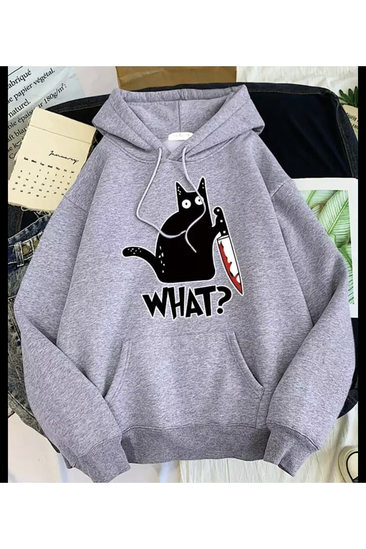 Custom Design Hooded What ? Cat Printed 100% Cotton Super Oversize Women's Sweatshirt Grey