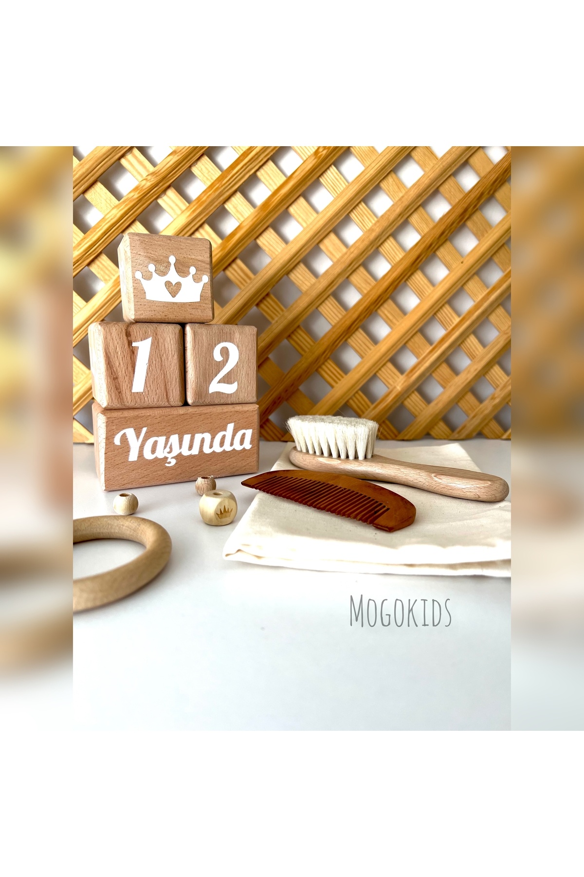 mogokids Ahşap Anne Bebek Anı Küpleri Ve %100 Doğal Keçi Kılı Bebek Tarak Türkçe Set