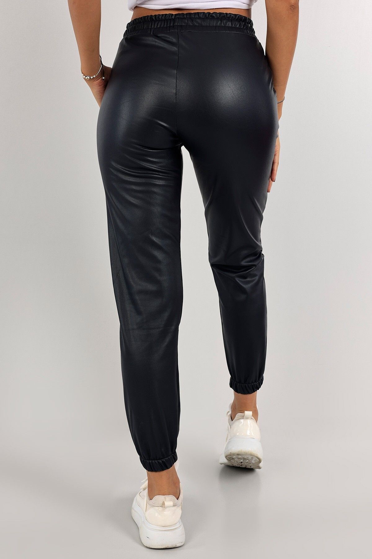 Navy faux leather trousers on sale