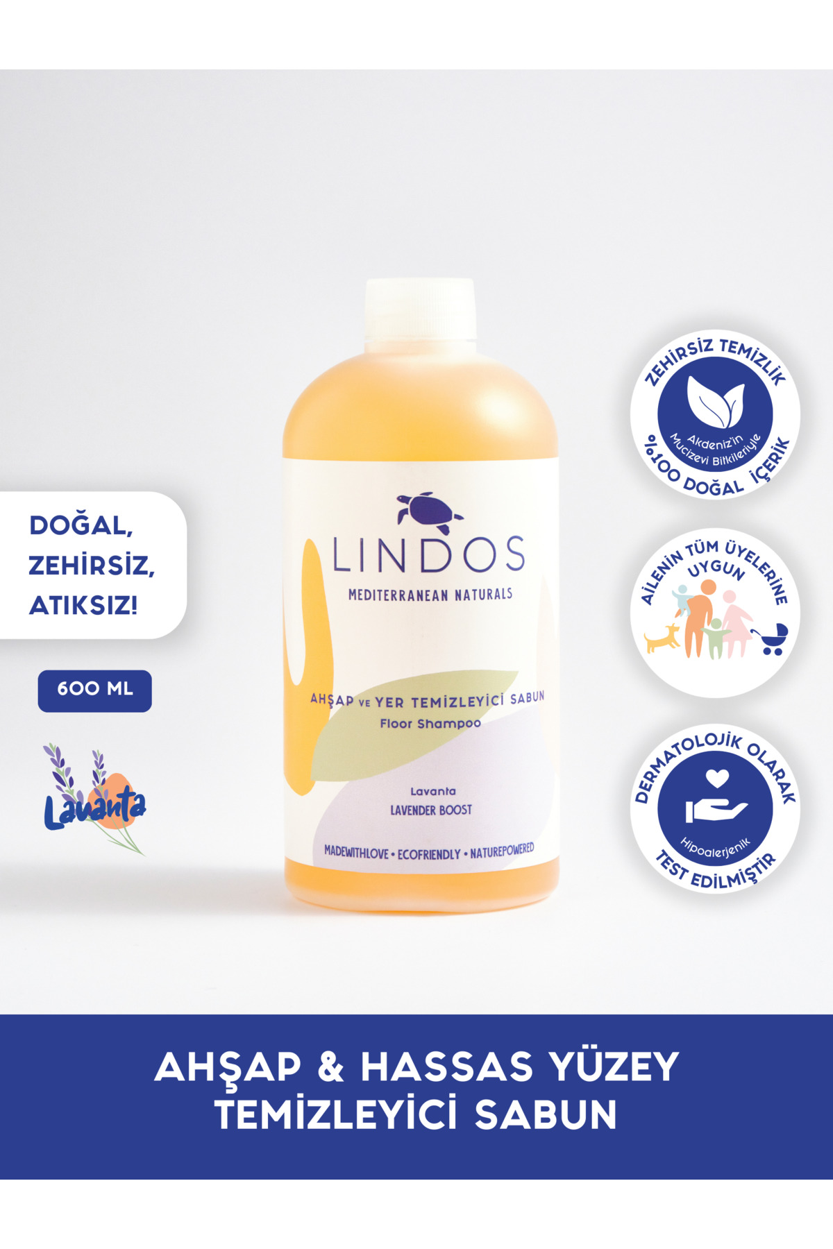 Lindos %100 Doğal Ahşap Temizleyici Arap Sabunu Etkili Parke Tik Mobilya Halı Koltuk Lavanta Yağlı 600ml