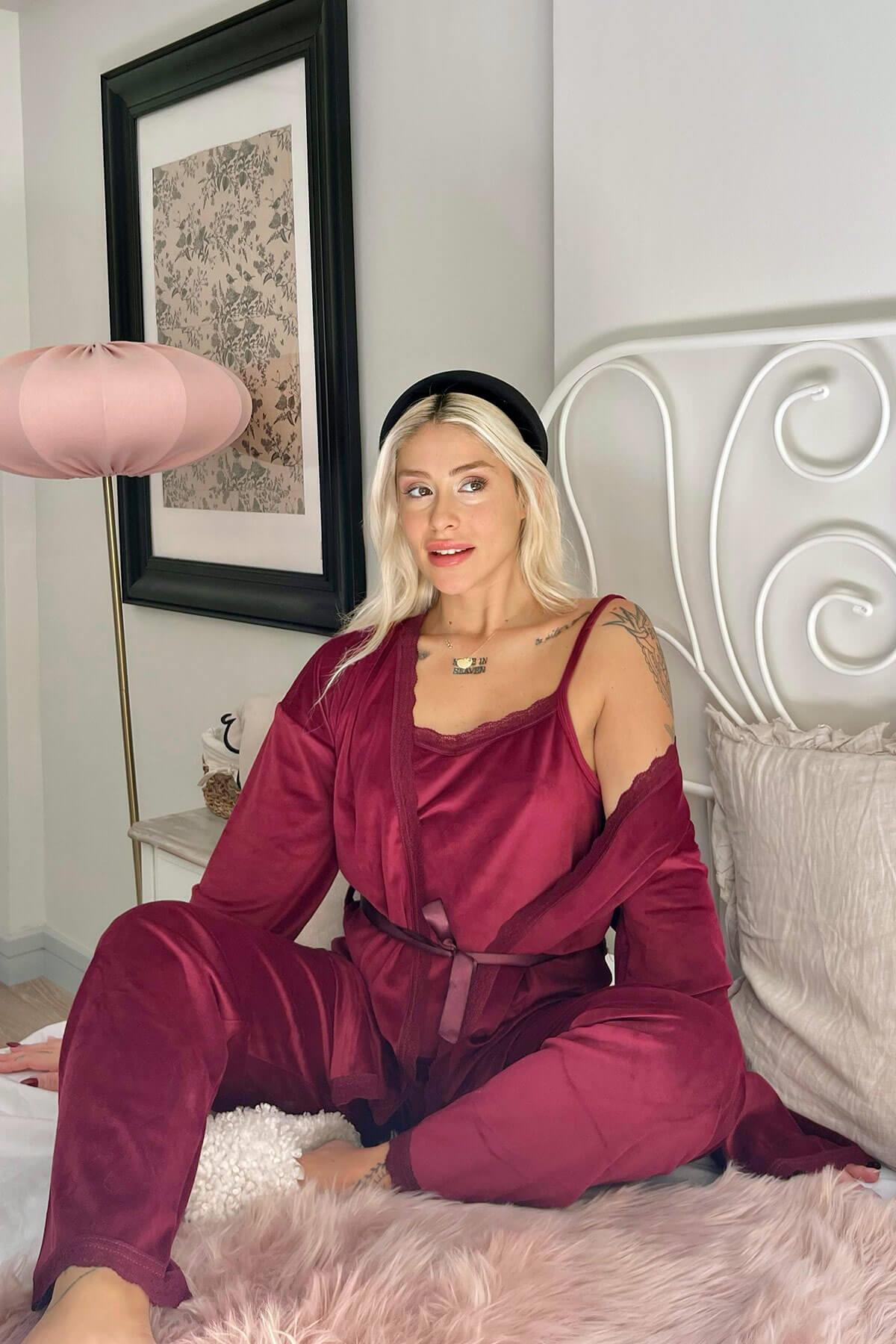 Pijamaevi Βουργουνδία Claret Exclusive Βελούδινο Γυναικείο Σετ Πιτζάμες με Ρόμπα
