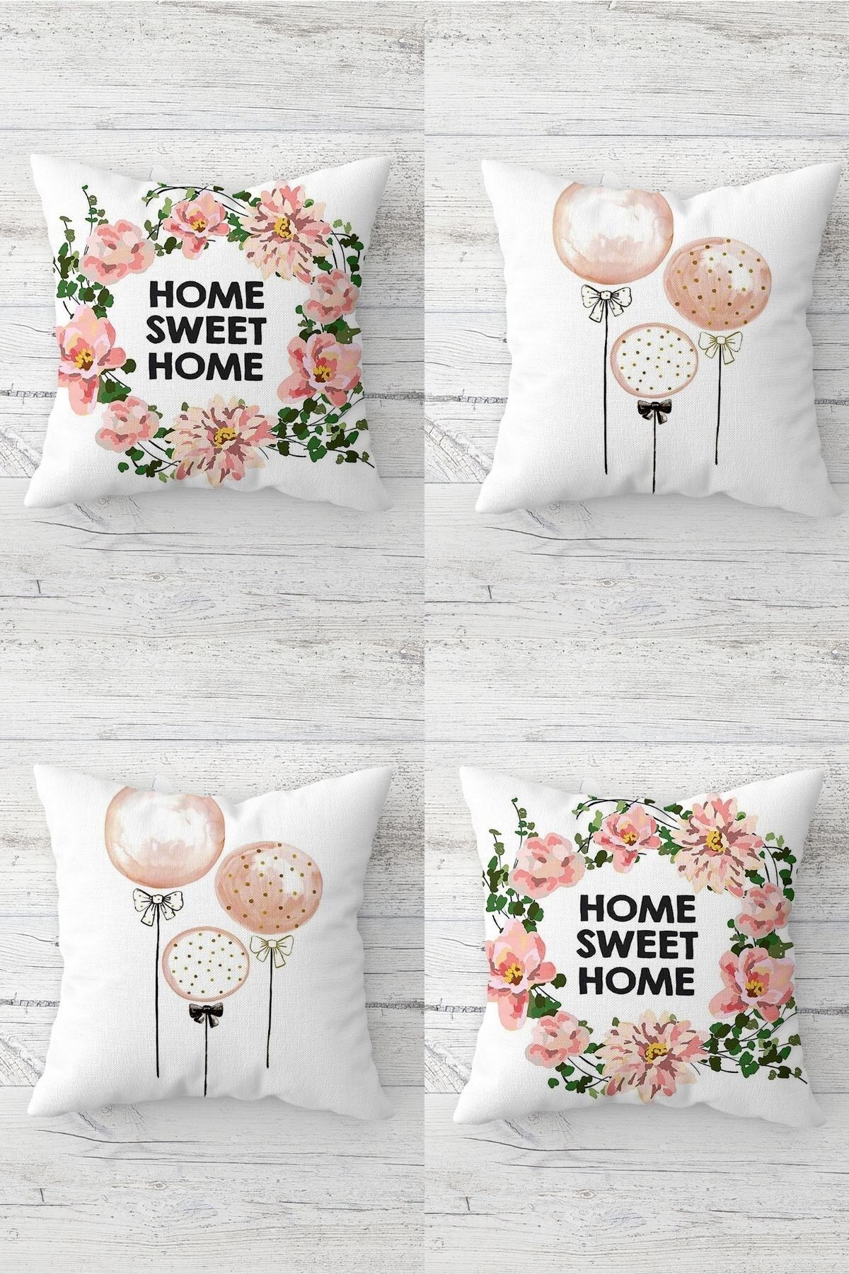 linazaitun Floral Home Sweet Home Balloon Concealed Zippered Throw Pillow Cover Seat Pillow Cover Set 4 PCS Trendyol