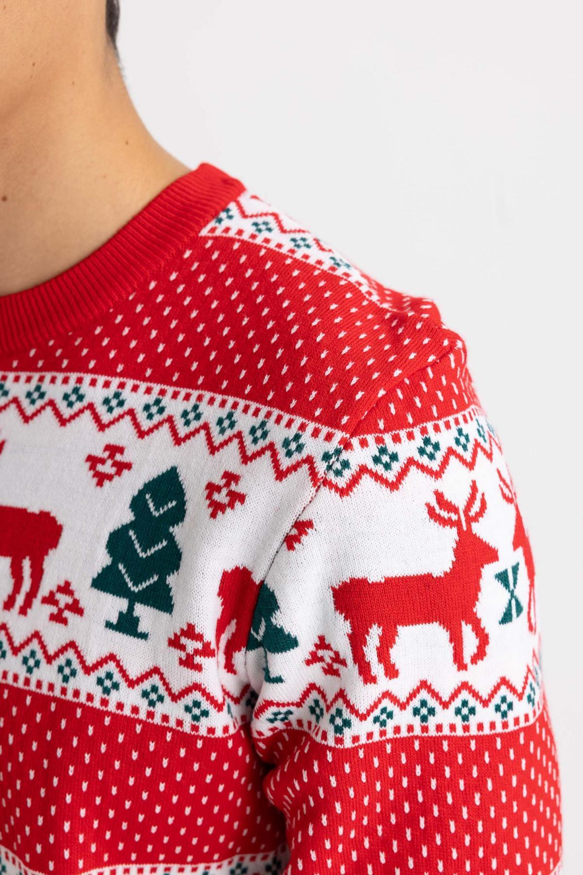 DeFacto-New Year's Themed Standard Fit Regular Cut Patterned Crew Neck Knitwear Sweater B2361Ax23Wn 5