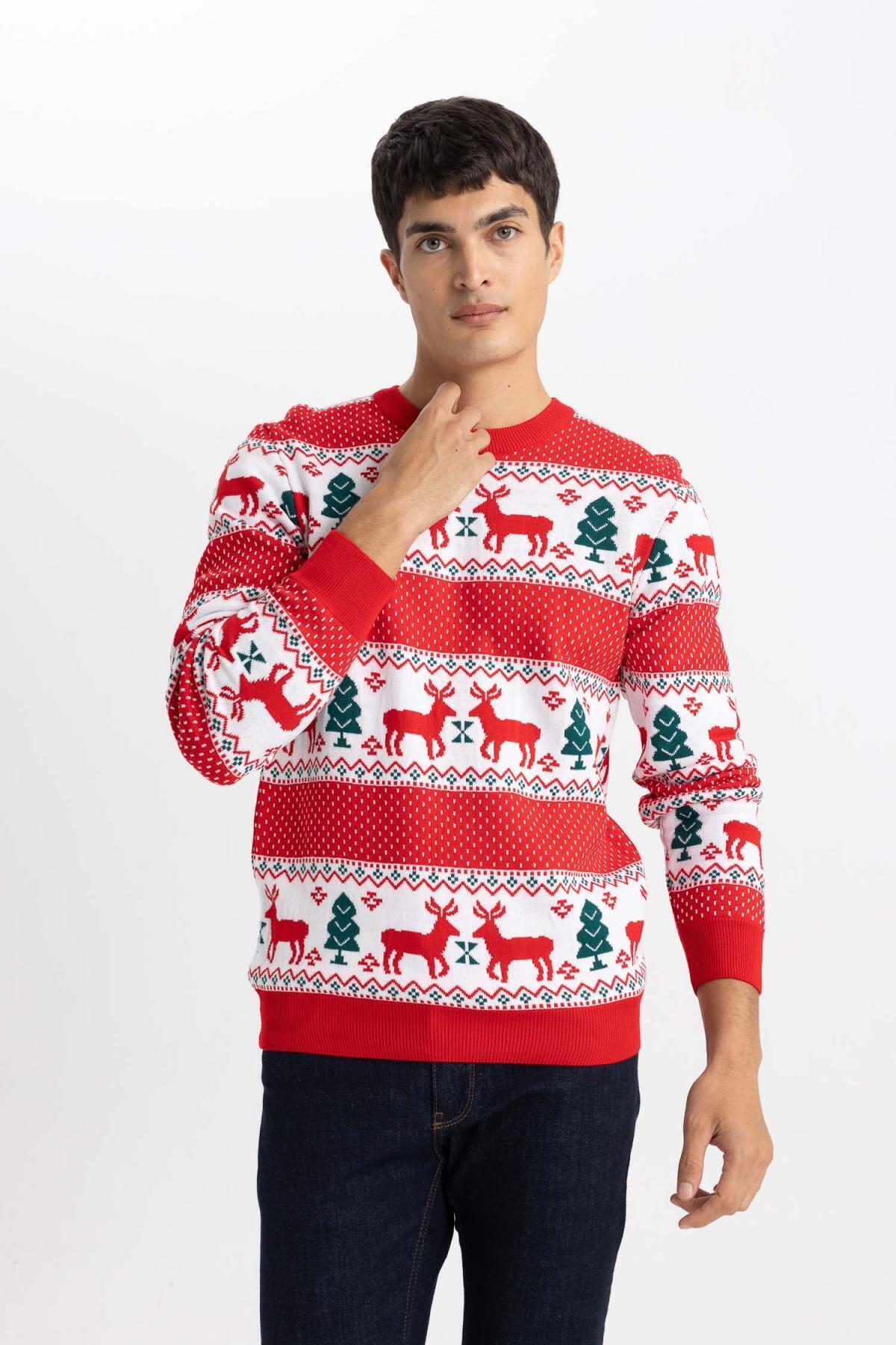 DeFacto-New Year's Themed Standard Fit Regular Cut Patterned Crew Neck Knitwear Sweater B2361Ax23Wn 4
